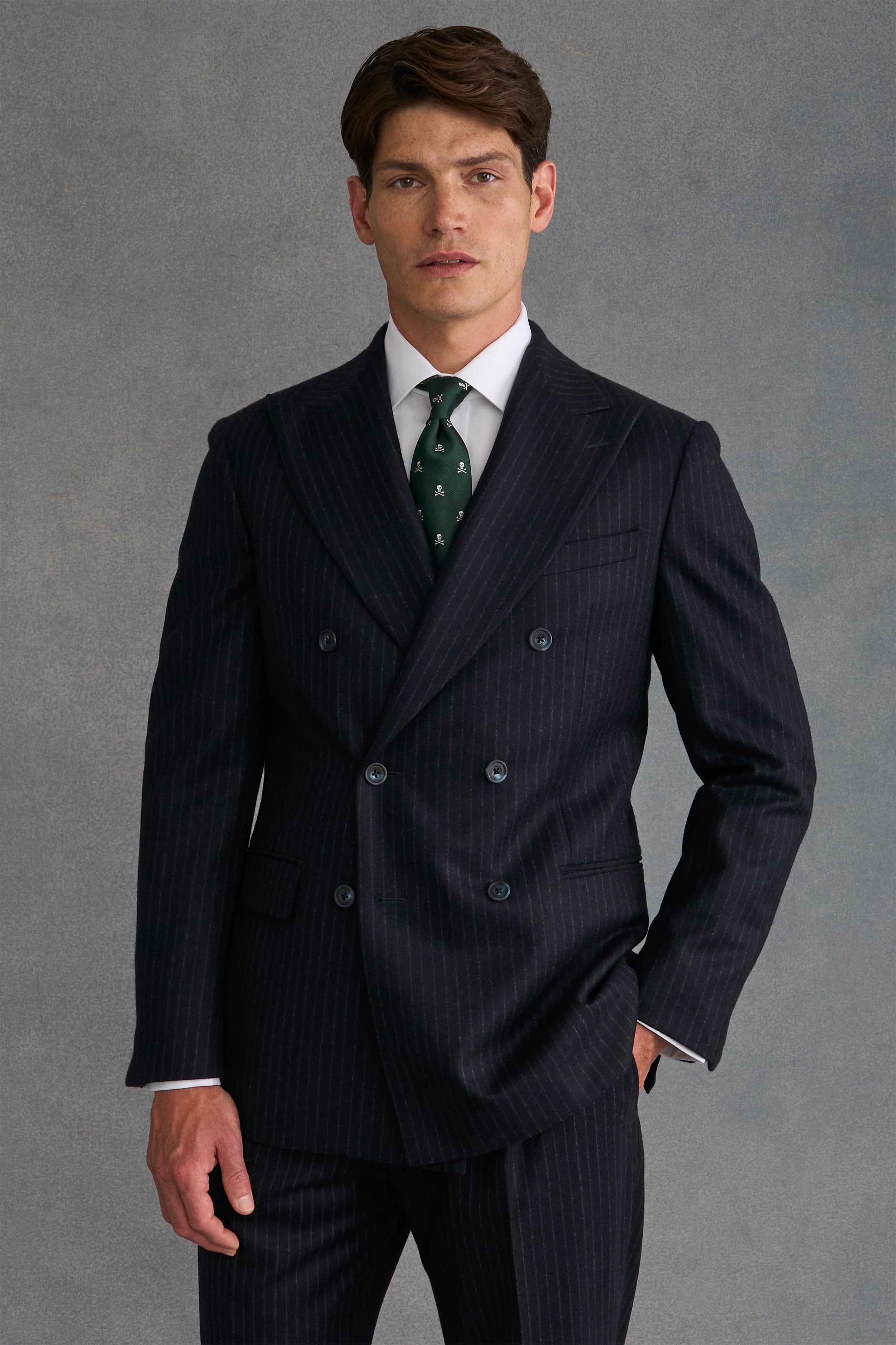 Navy Chalk Stripe Flannel Double Breasted Suit Jacket – New and
