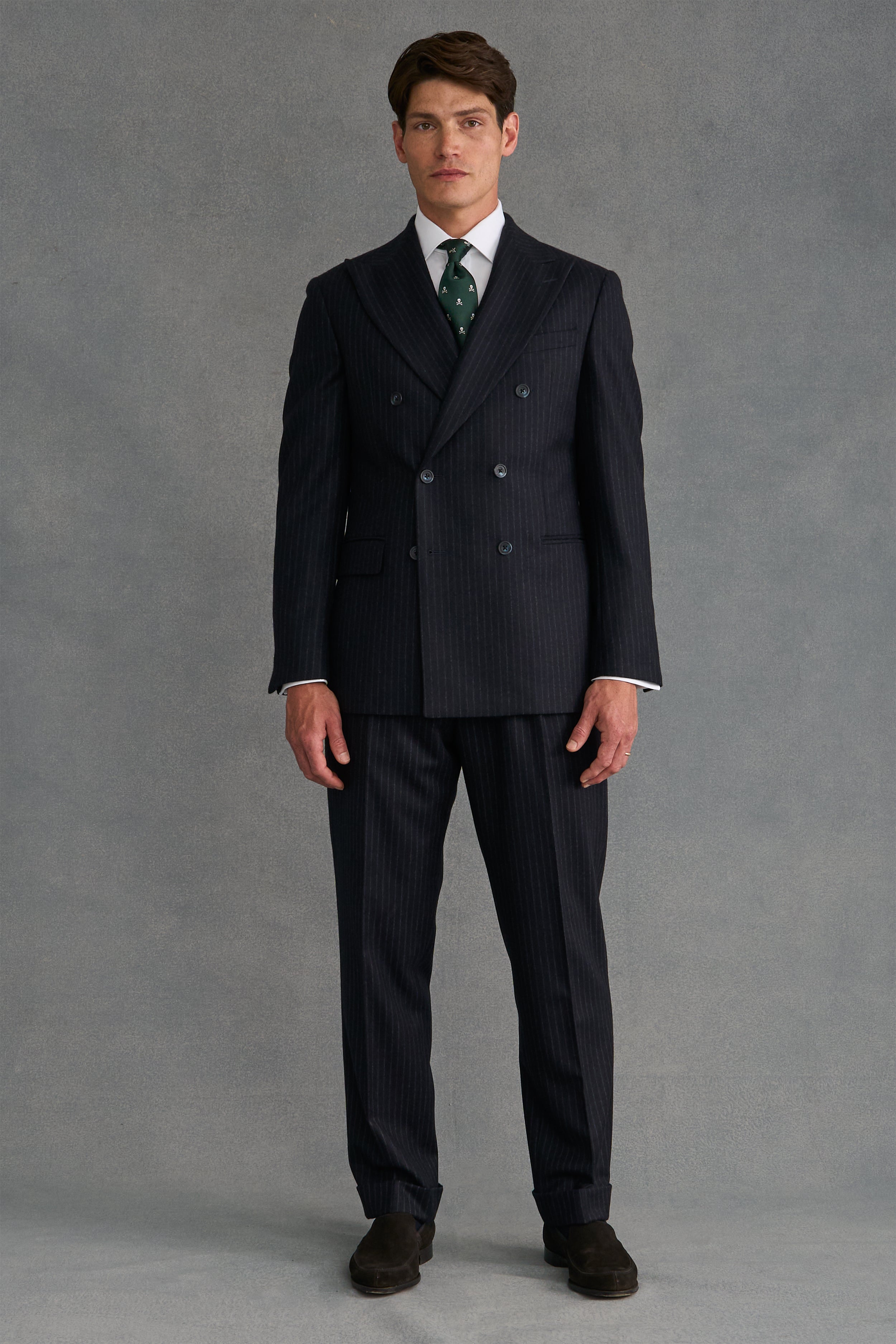 Navy Chalk Stripe Single Pleat Flannel Suit Trousers – New and