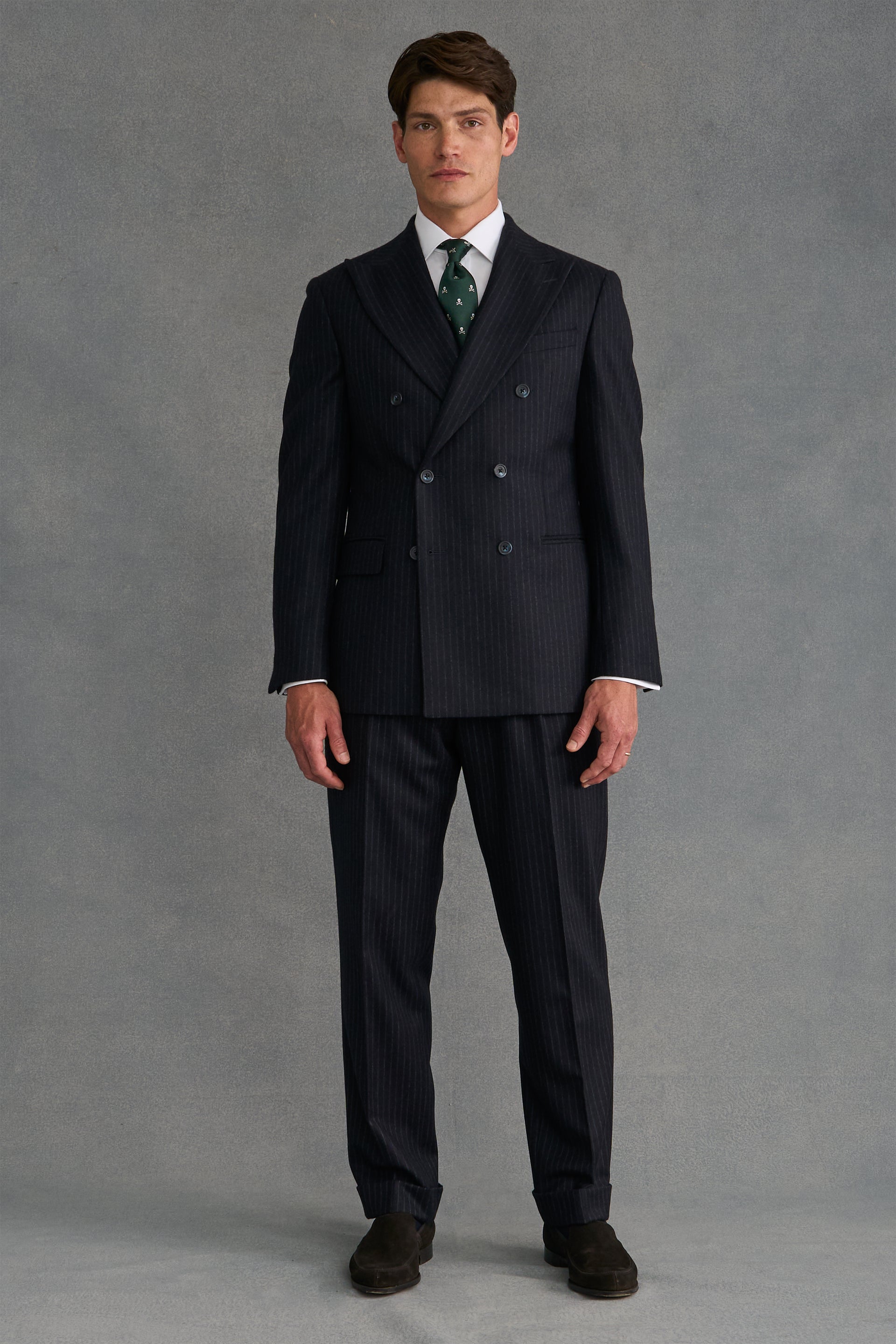Navy Chalk Stripe Flannel Double Breasted Suit Jacket