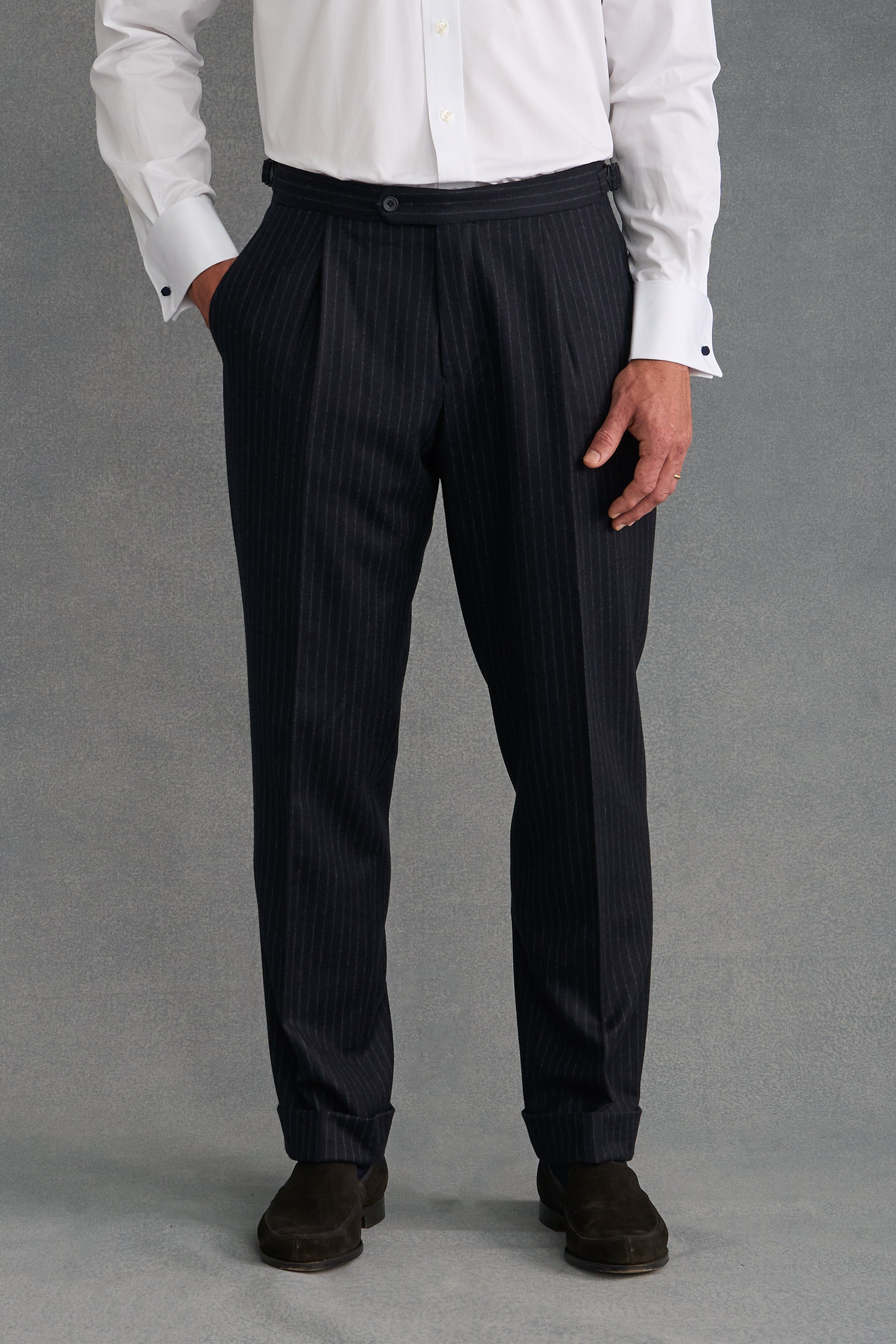 Navy Chalk Stripe Single Pleat Flannel Suit Trousers – New and