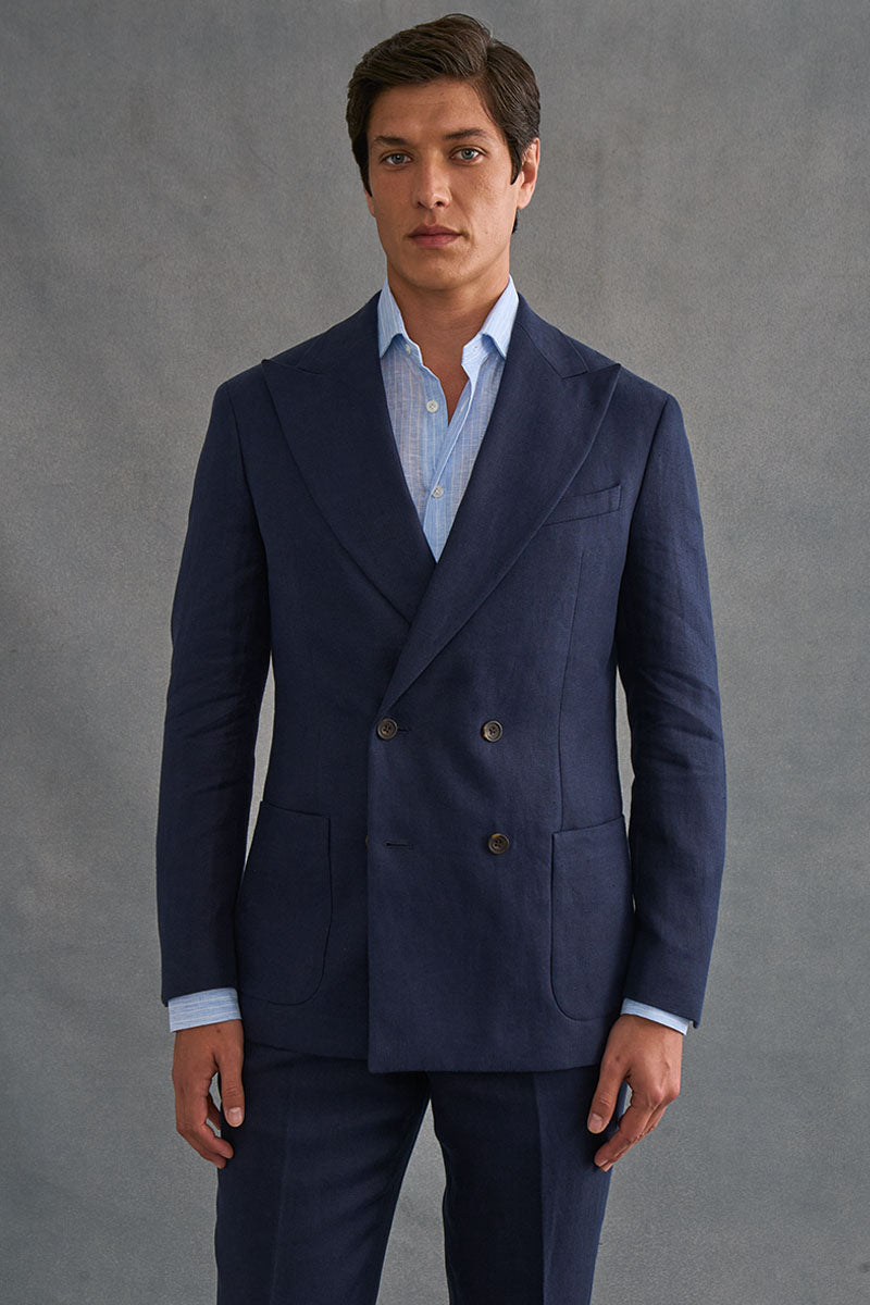 Navy Double Breasted Linen Twill Jacket