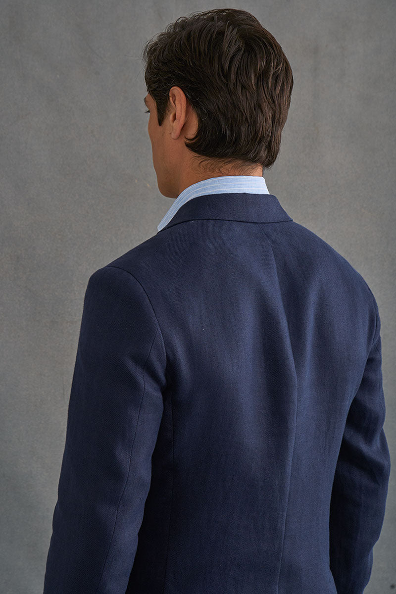 Navy Double Breasted Linen Twill Jacket