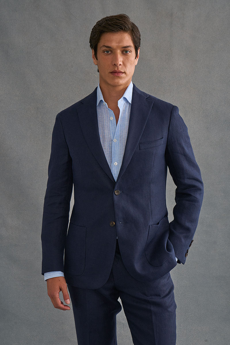 Navy Single Breasted Linen Twill Jacket