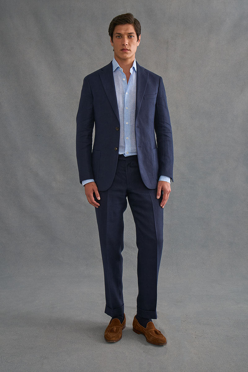 Navy Single Breasted Linen Twill Jacket