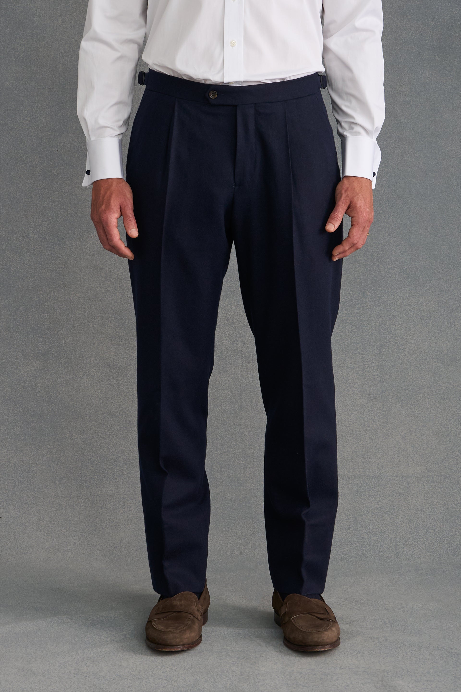 Navy Single Pleat Flannel Trousers