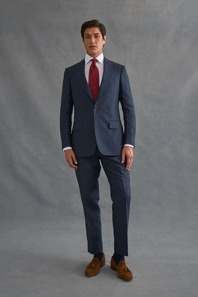 Navy Single Pleat Linen Trousers