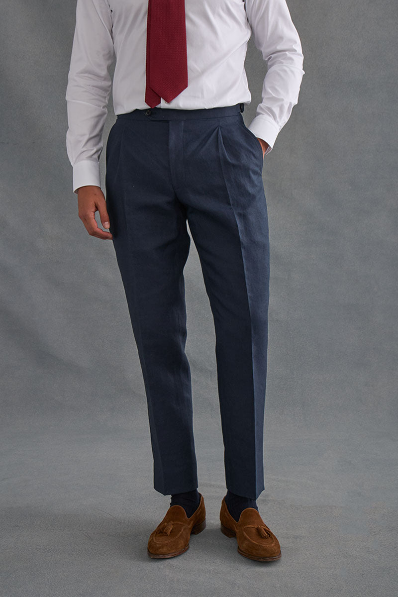 Navy Single Pleat Linen Trousers