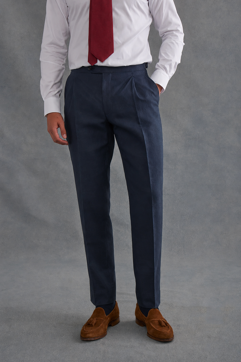 Navy Single Pleat Linen Trousers