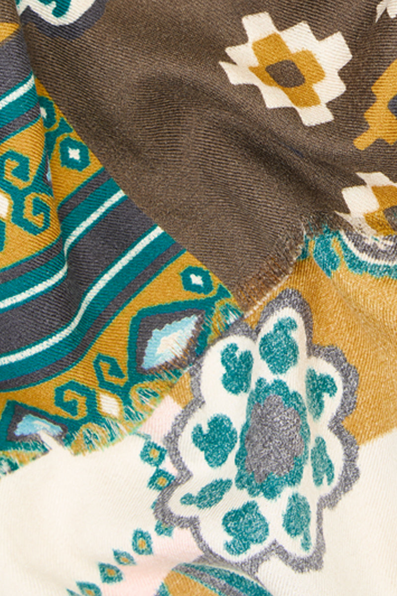 Olive & Teal Mosaic Wool & Silk Scarf