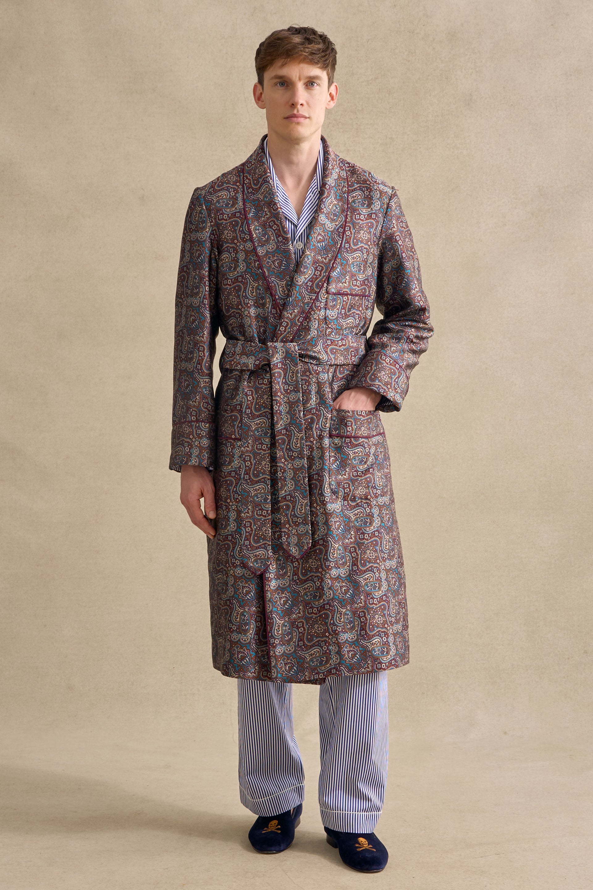 Teal & Burgundy Paisley Unlined Silk Dressing Gown