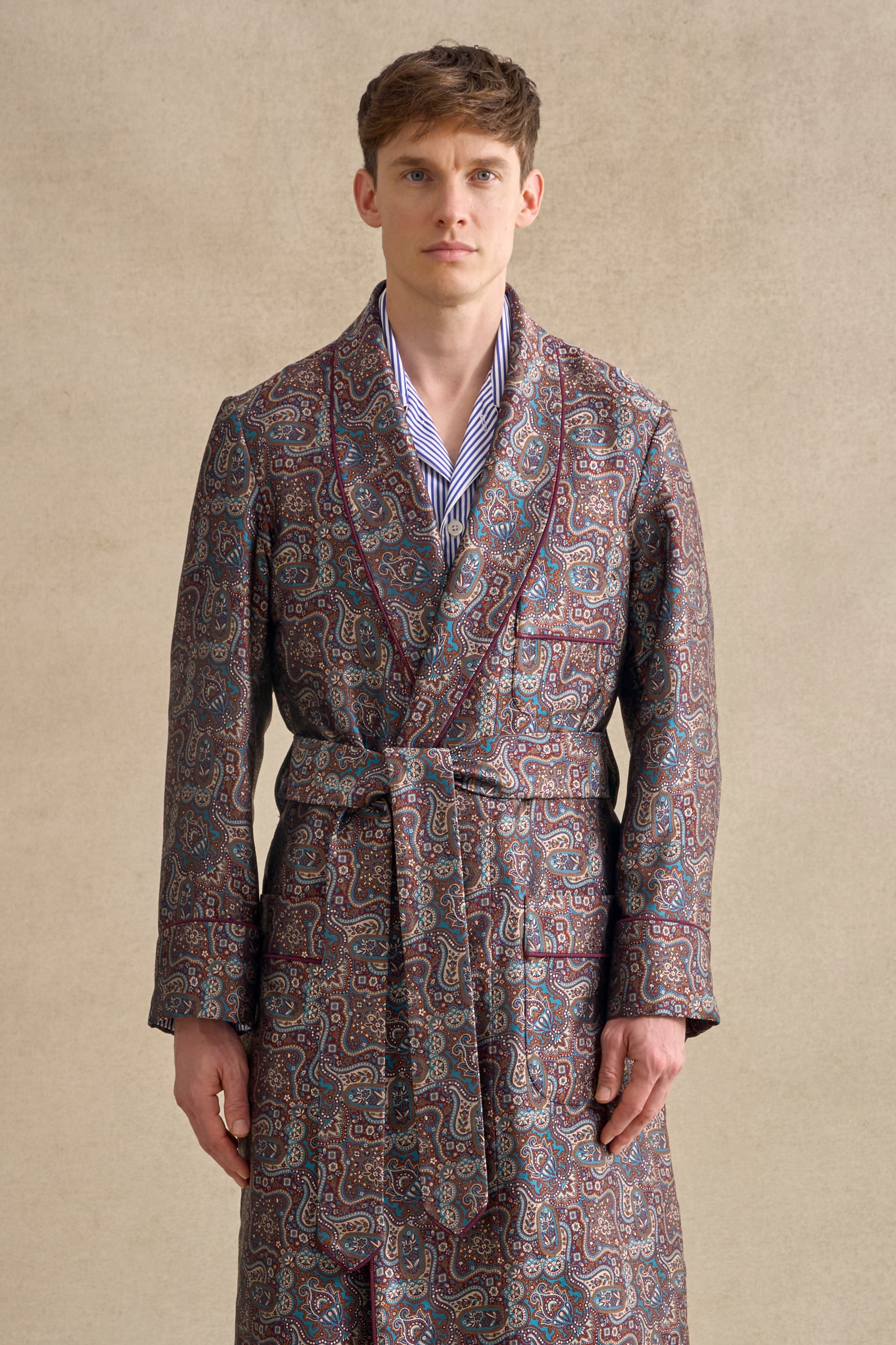Teal & Burgundy Paisley Unlined Silk Dressing Gown