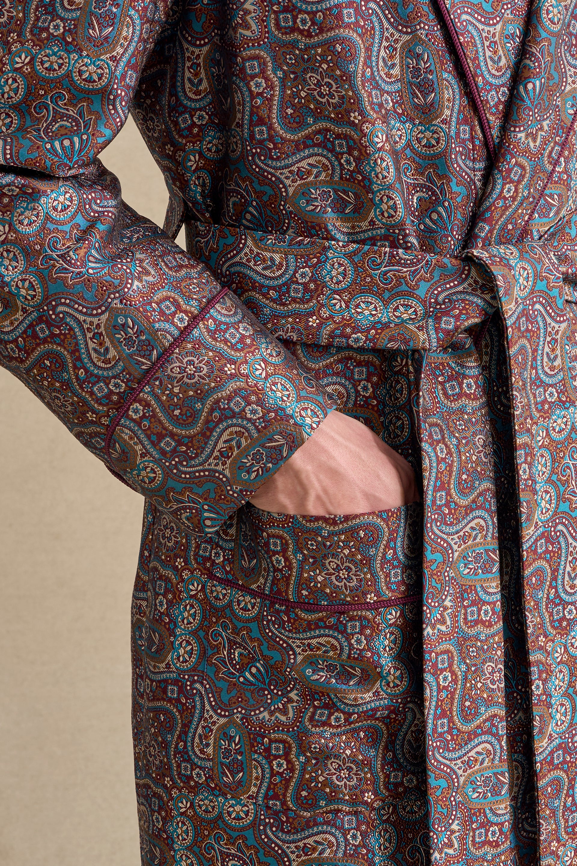 Teal & Burgundy Paisley Unlined Silk Dressing Gown