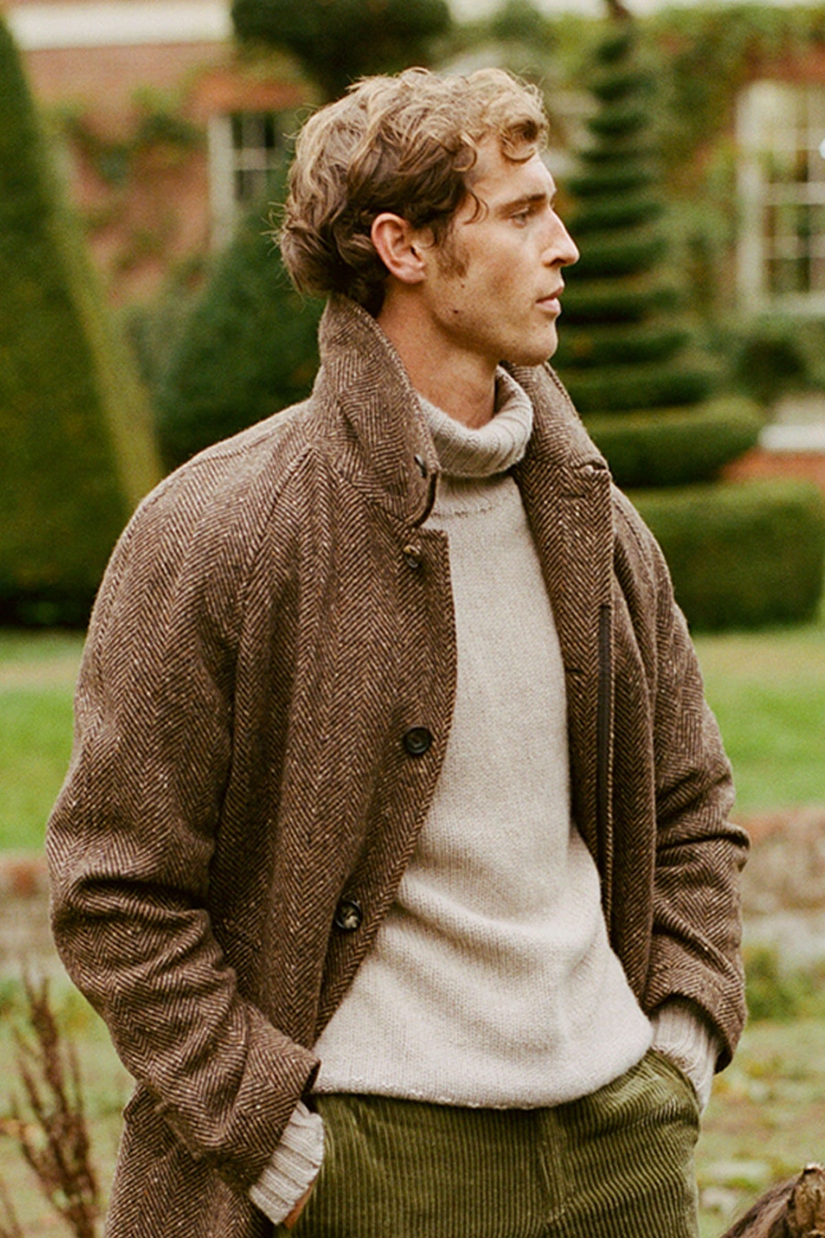 Brown Herringbone Raglan Sleeve Overcoat