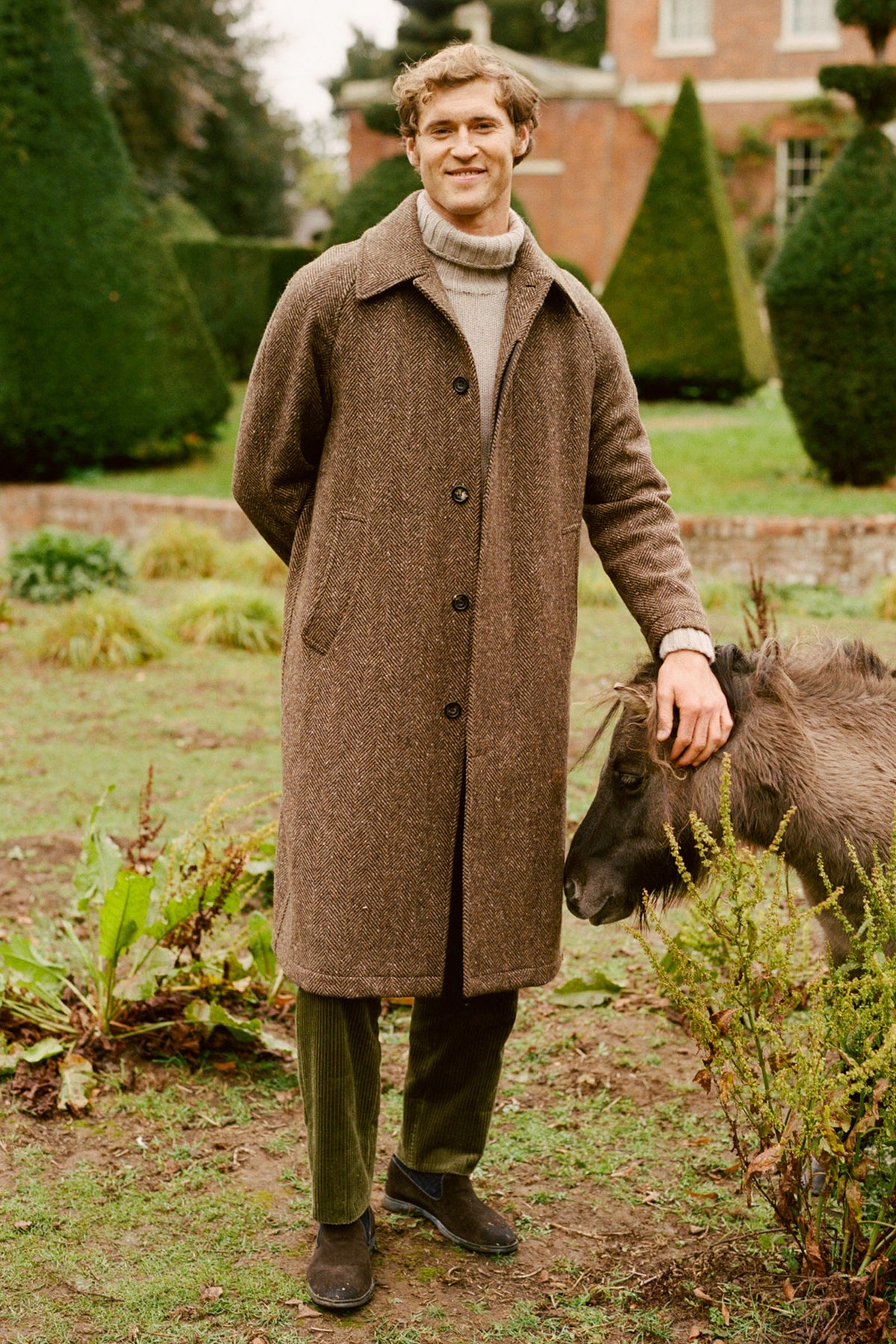 Brown Herringbone Raglan Sleeve Overcoat