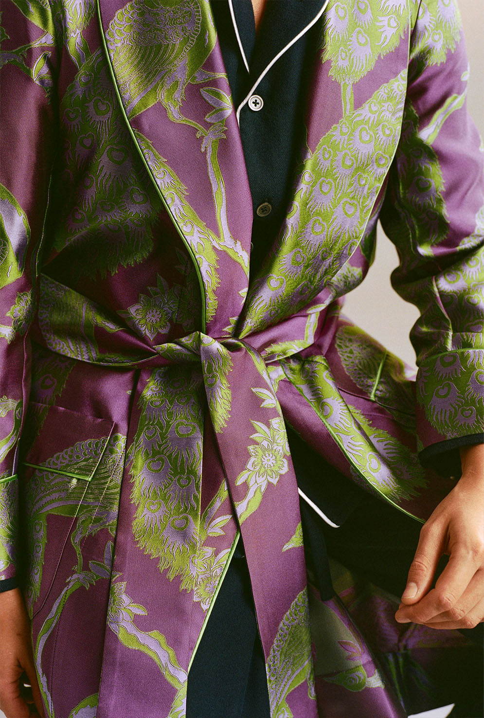 Purple & Green Peacock Unlined Silk Dressing Gown