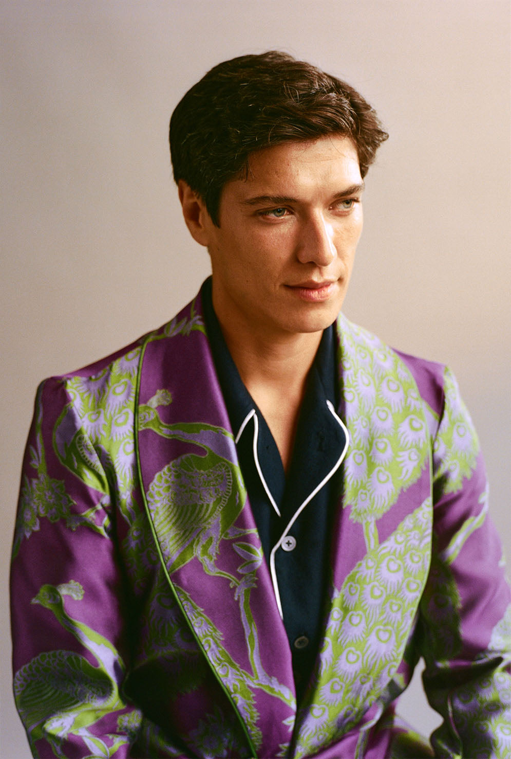 Purple & Green Peacock Unlined Silk Dressing Gown