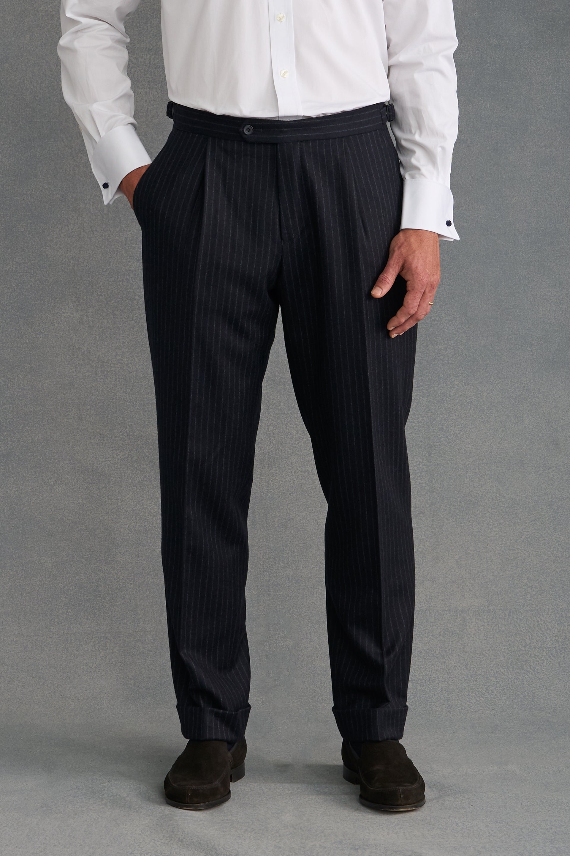 Navy Chalk Stripe Single Pleat Flannel Suit Trousers