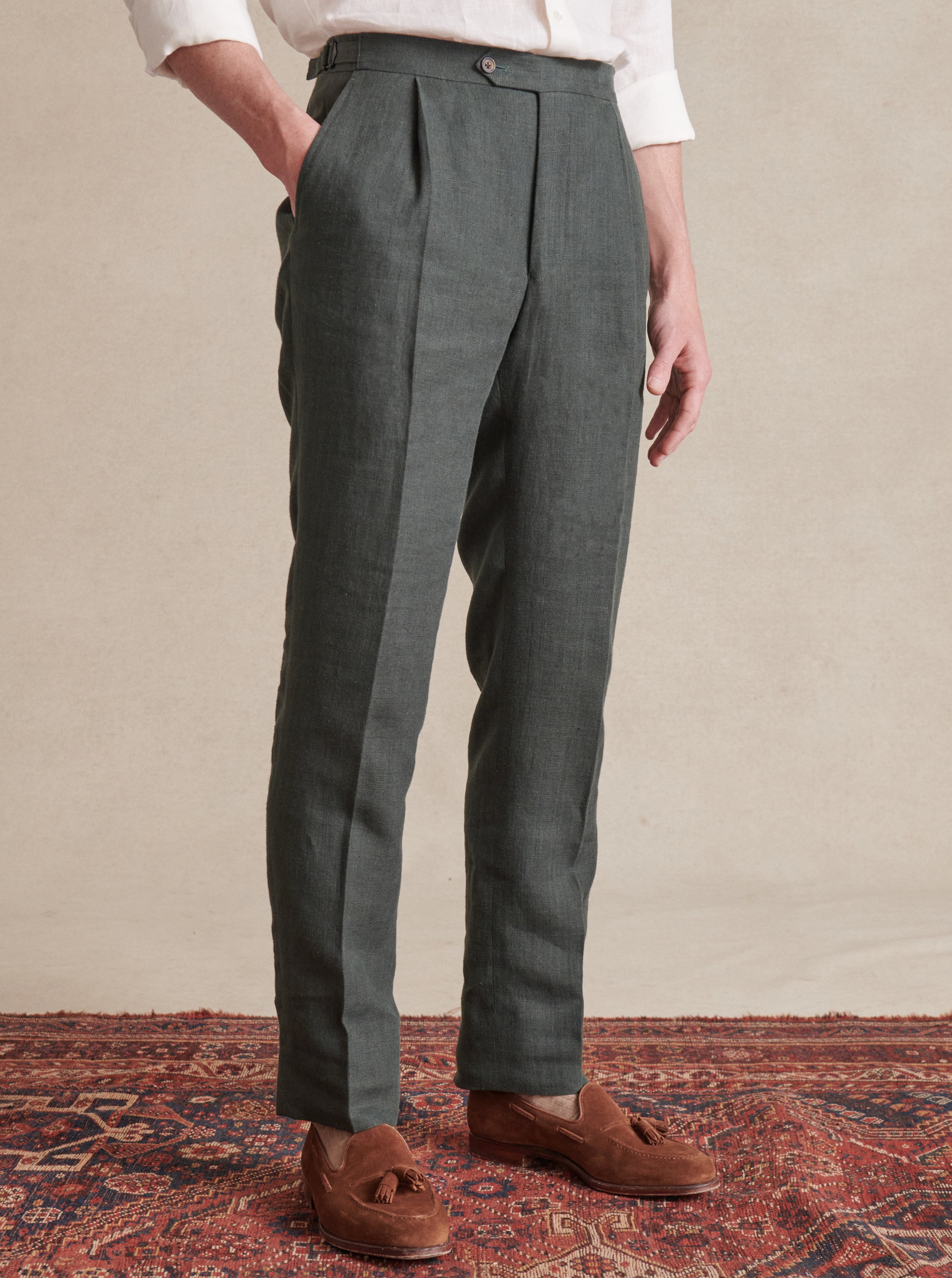 Green Single Pleat Linen Trousers