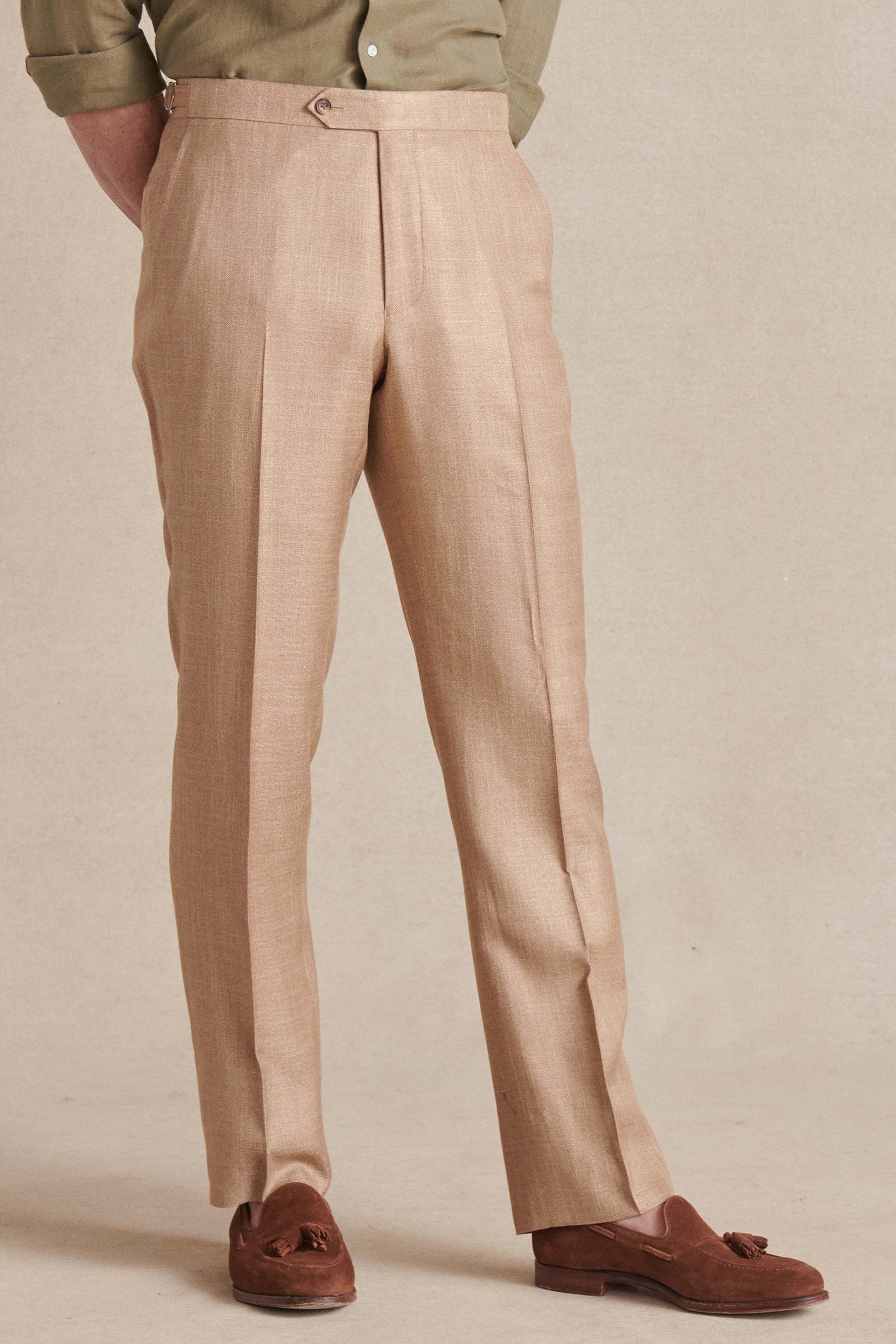 Beige Flat Front Bamboo Trousers