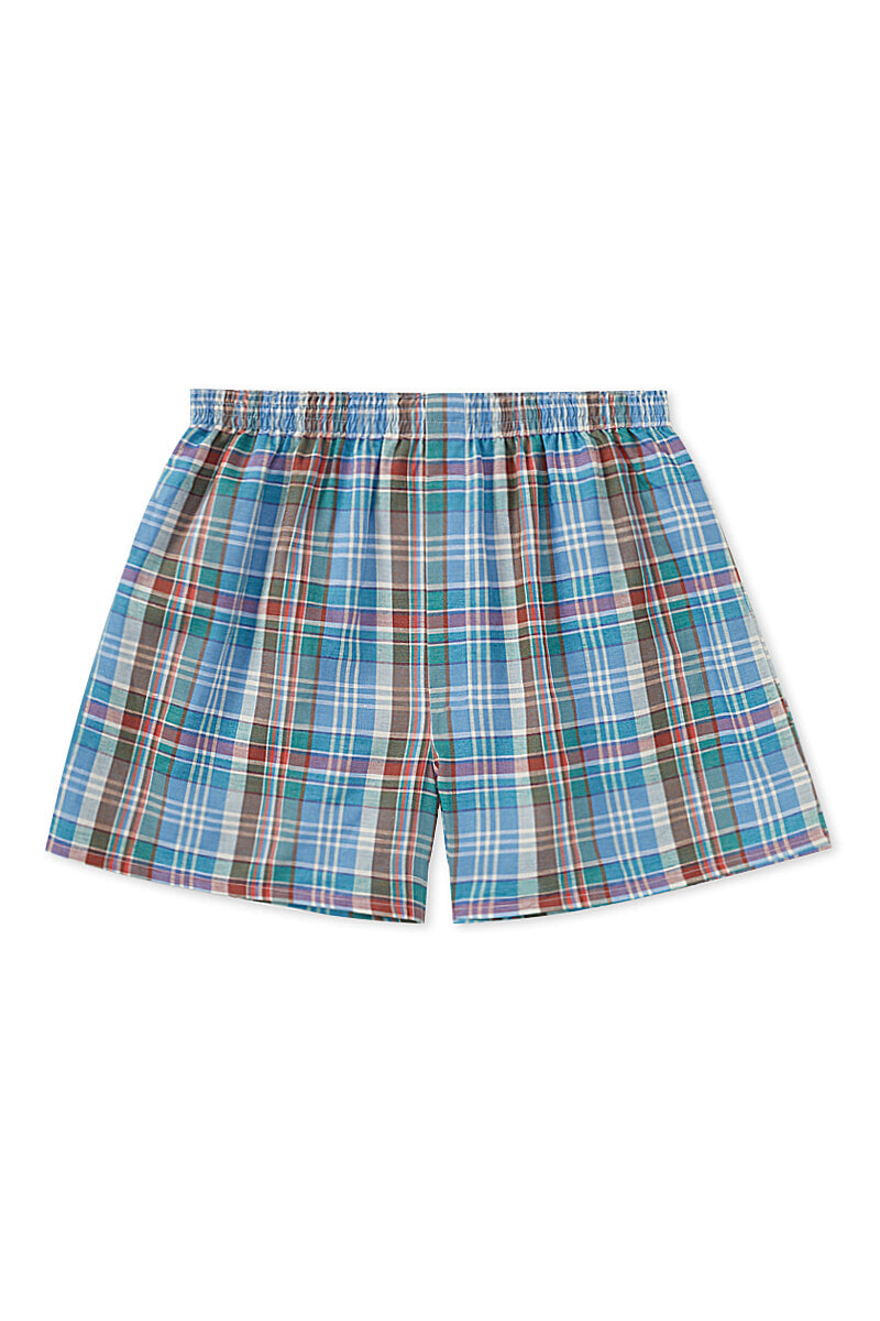 Turquoise Plaid Check Cotton Boxer Shorts