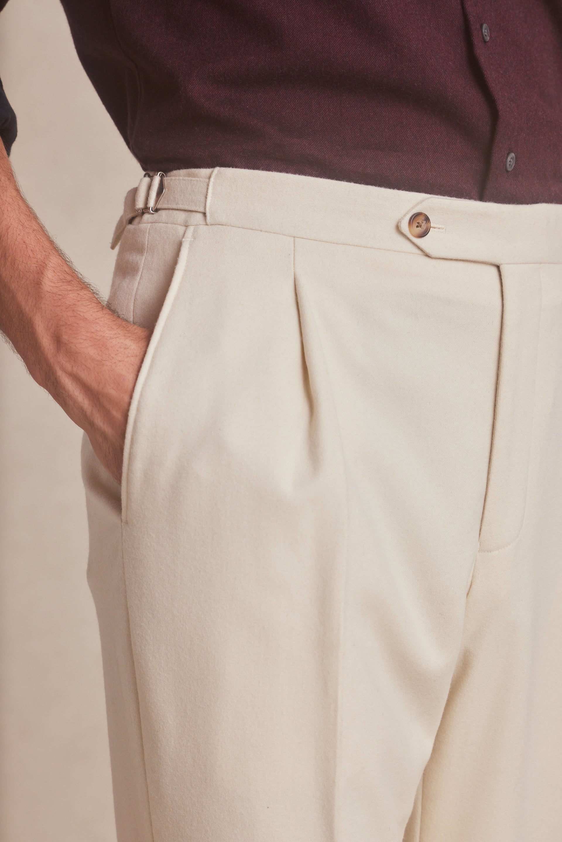 Cream Single Pleat Flannel Trousers