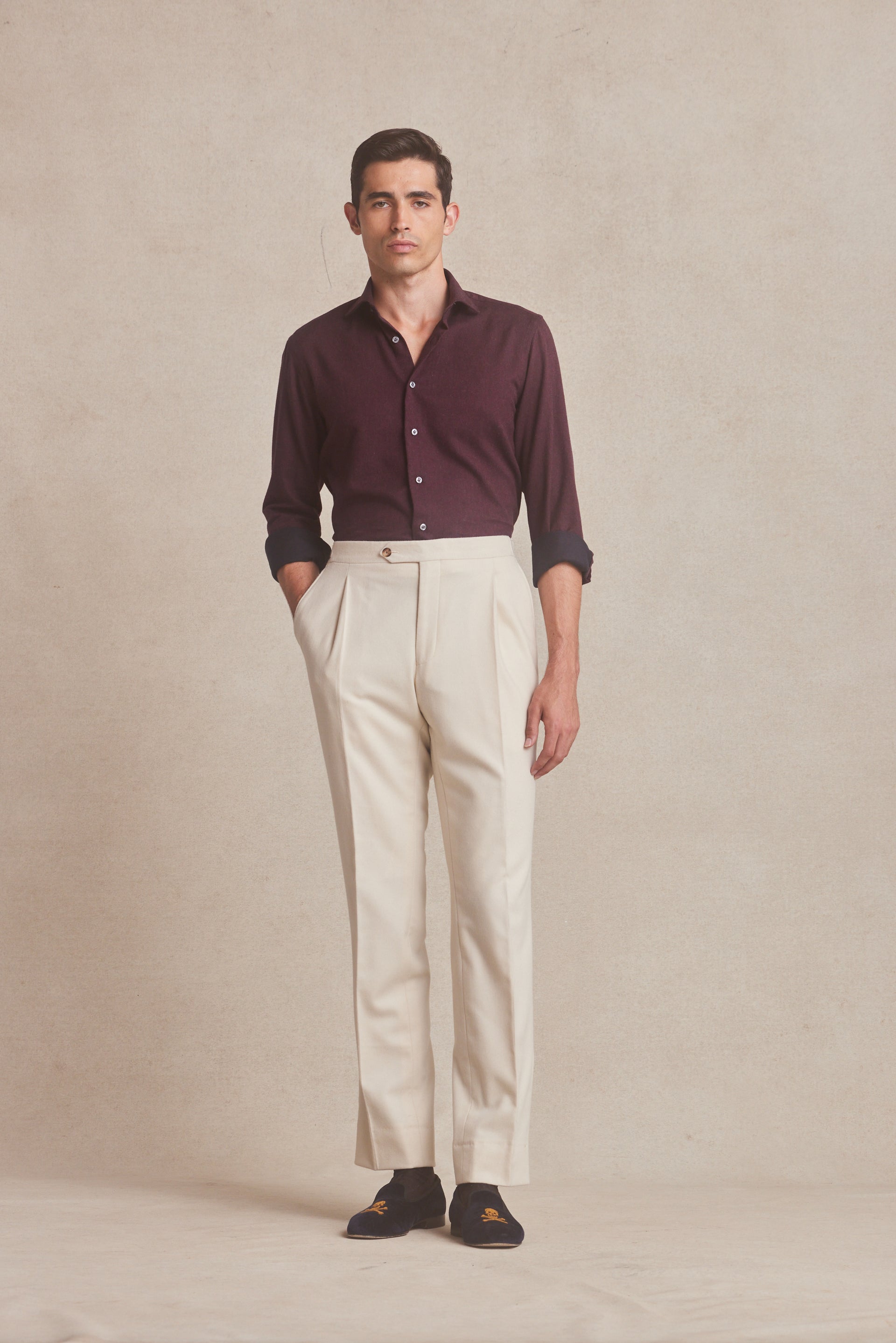 Cream Single Pleat Flannel Trousers
