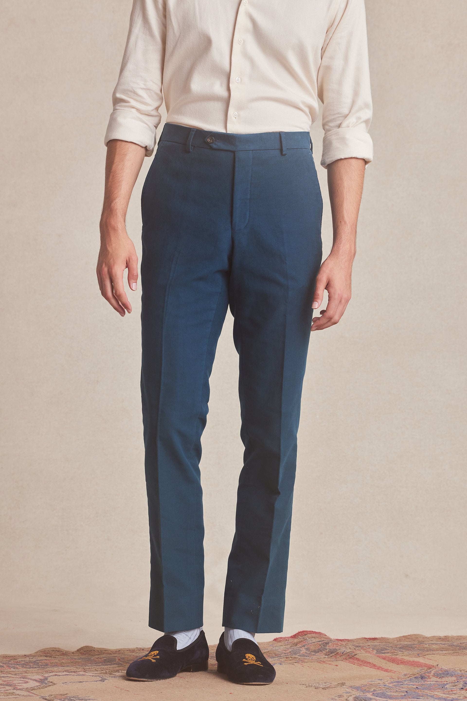 Teal Flat Front Moleskin Trousers