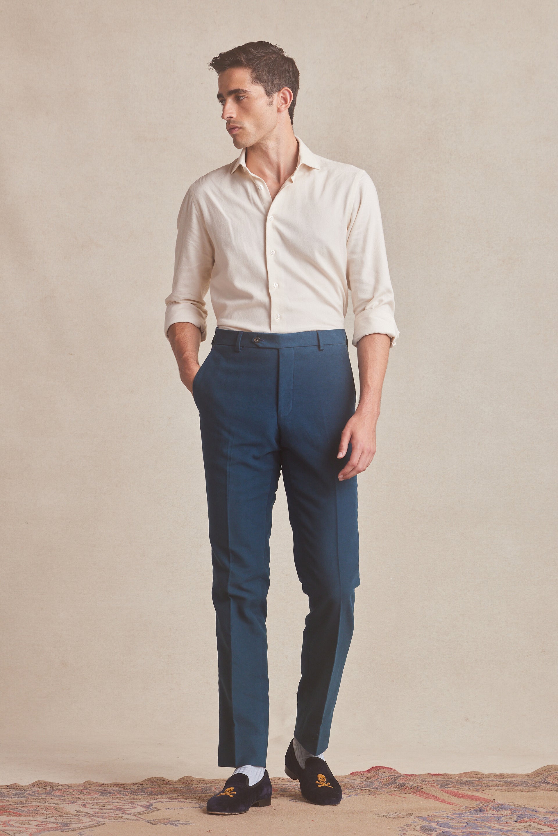 Teal Flat Front Moleskin Trousers