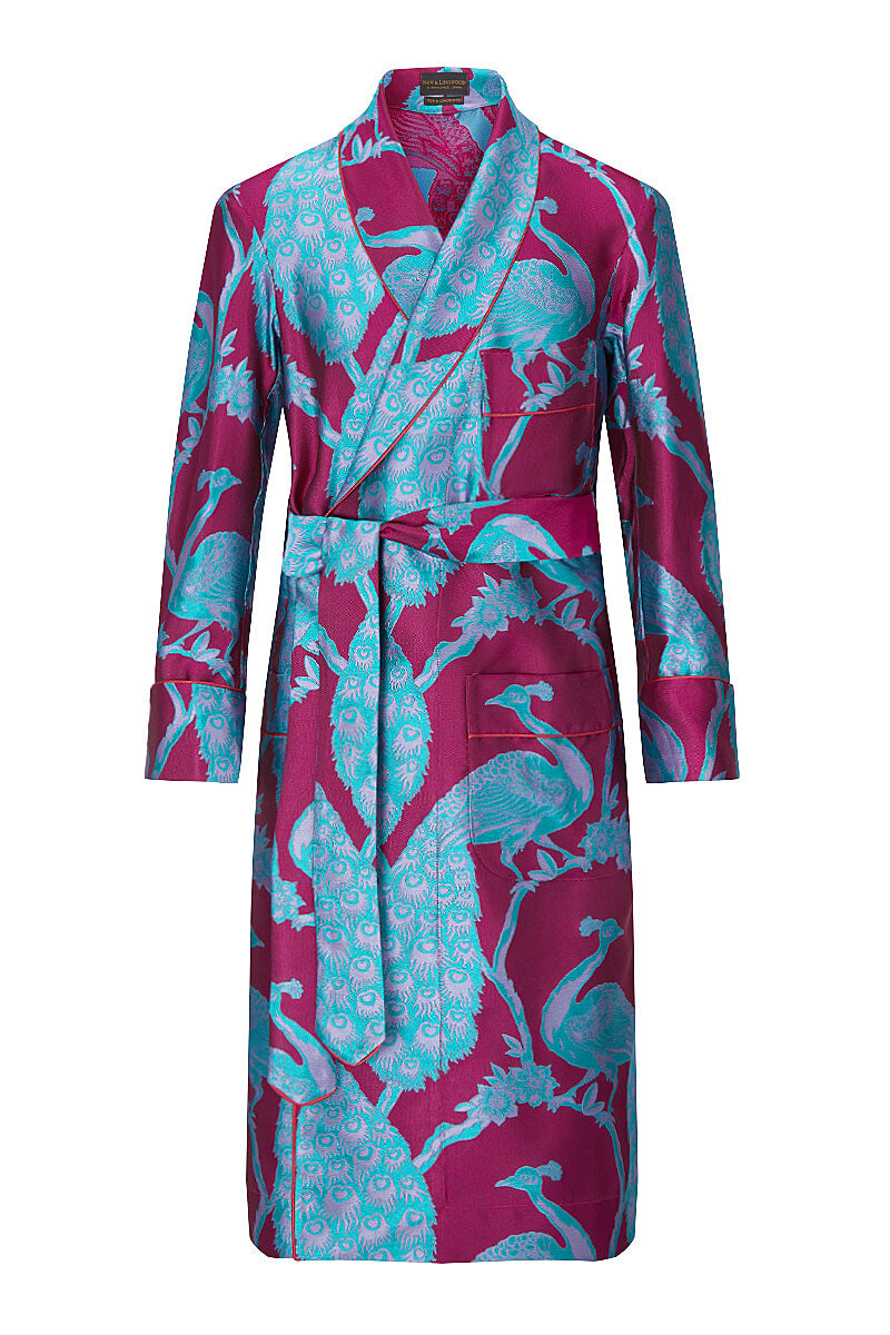 Fuchsia & Turquoise Peacock Unlined Silk Dressing Gown