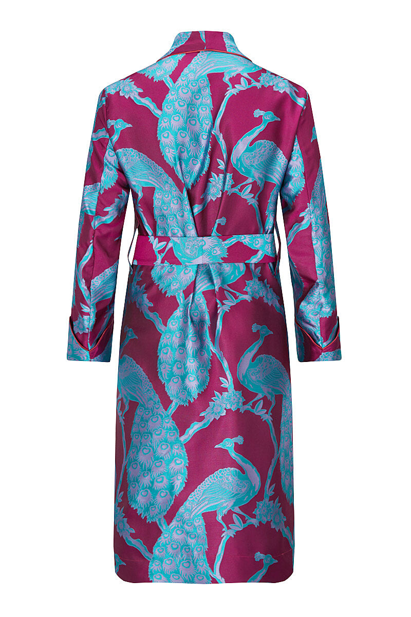 Fuchsia & Turquoise Peacock Unlined Silk Dressing Gown
