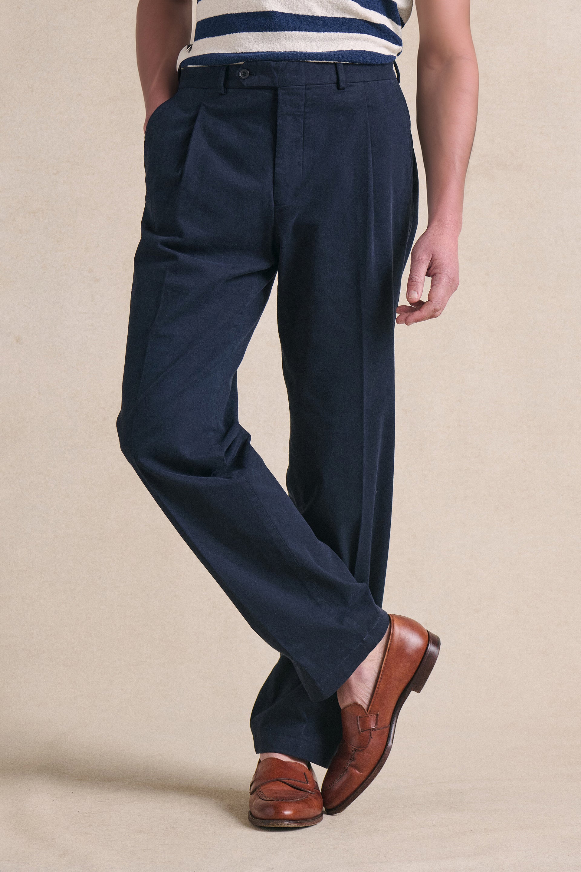 Navy Single Pleat Chinos