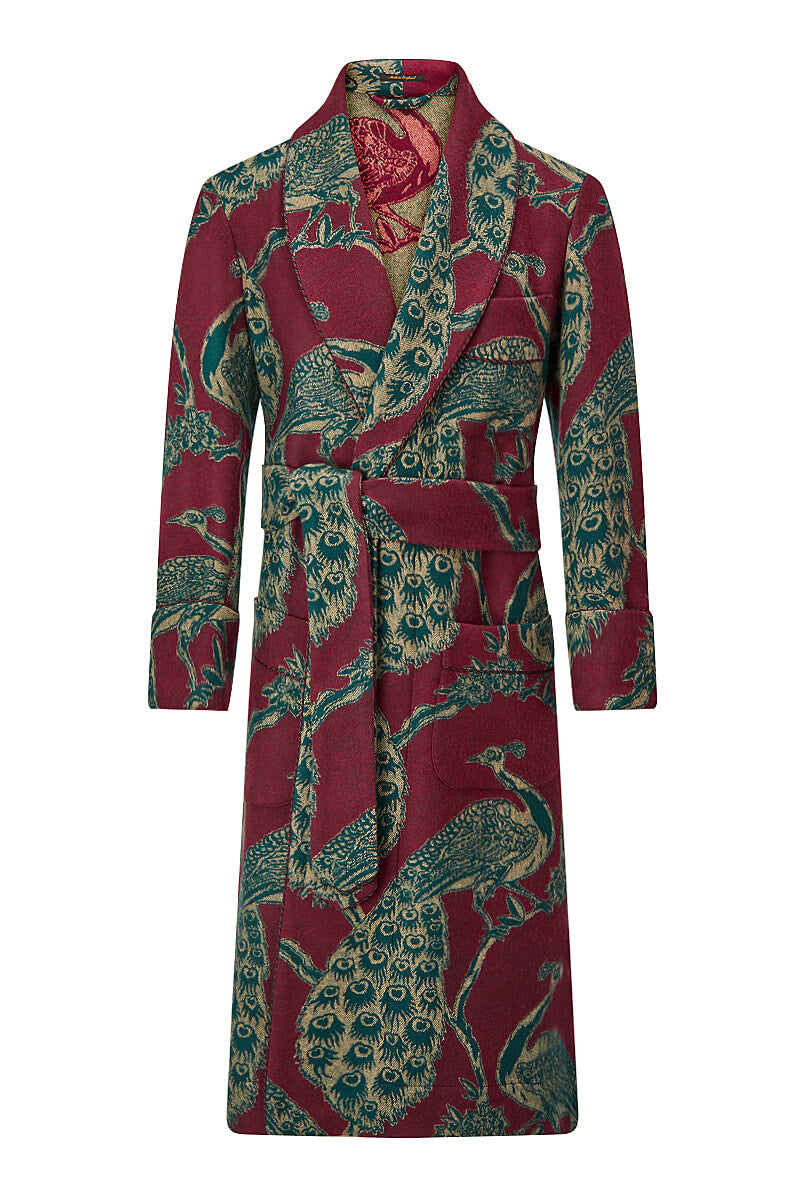 Red & Green Peacock Unlined Cashmere Dressing Gown