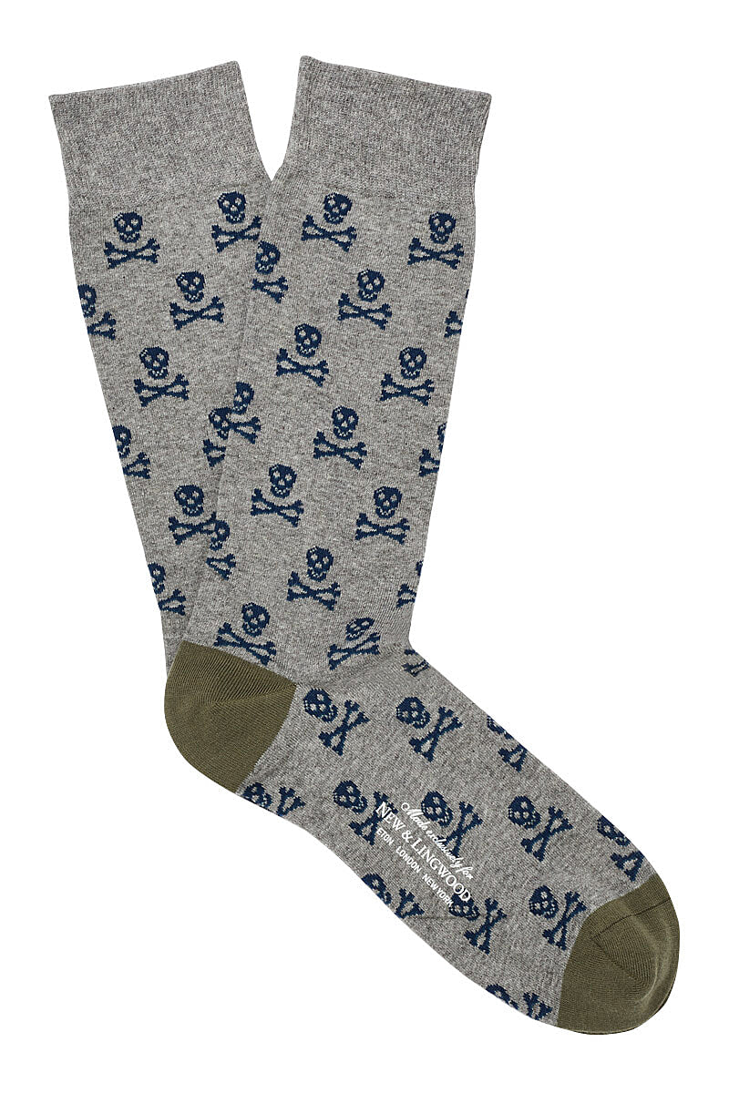 Mid Grey & Navy Skull & Crossbones Mid Calf Cotton Socks