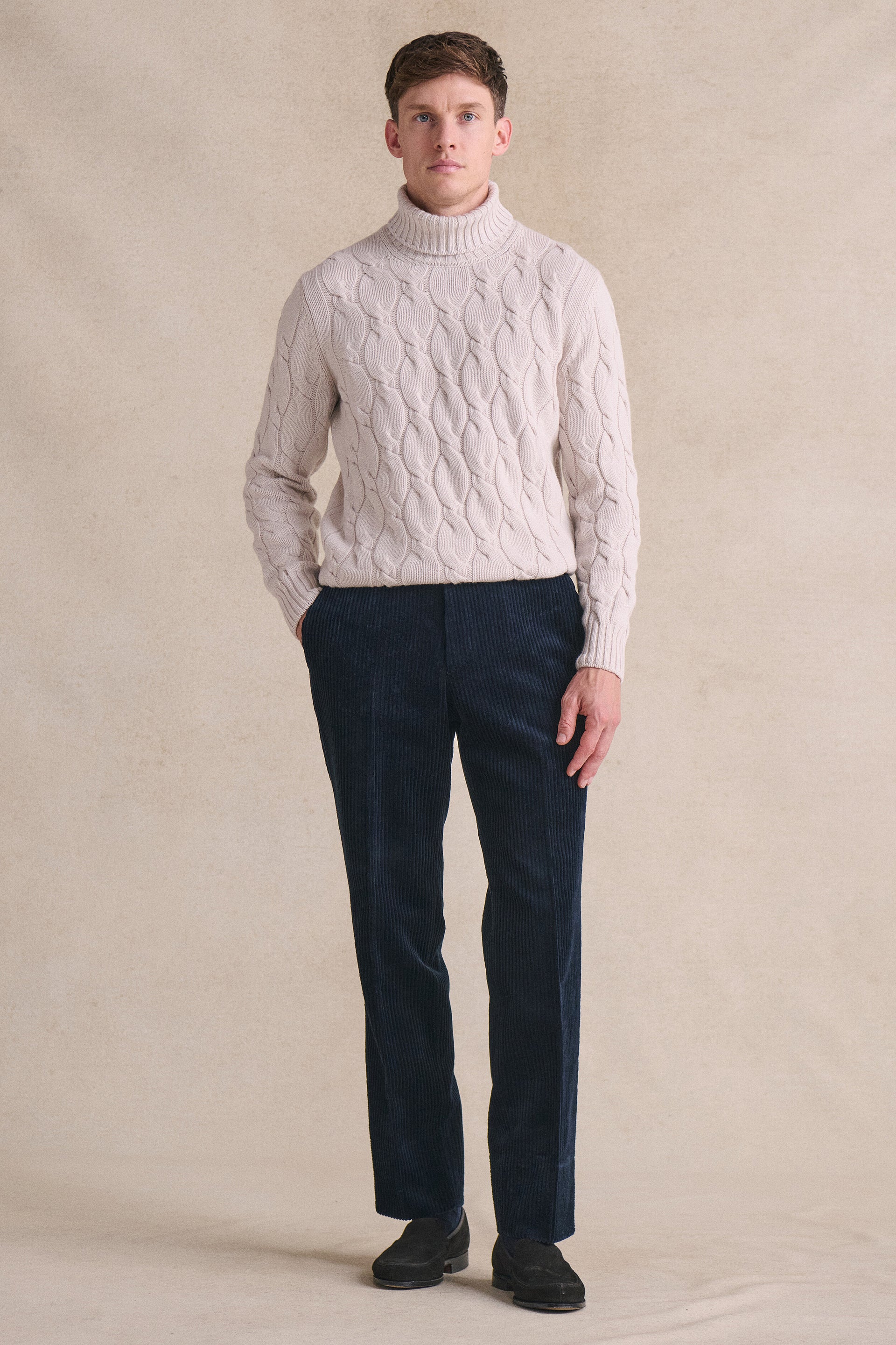 Navy Flat Front 5 Wale Corduroy Trousers