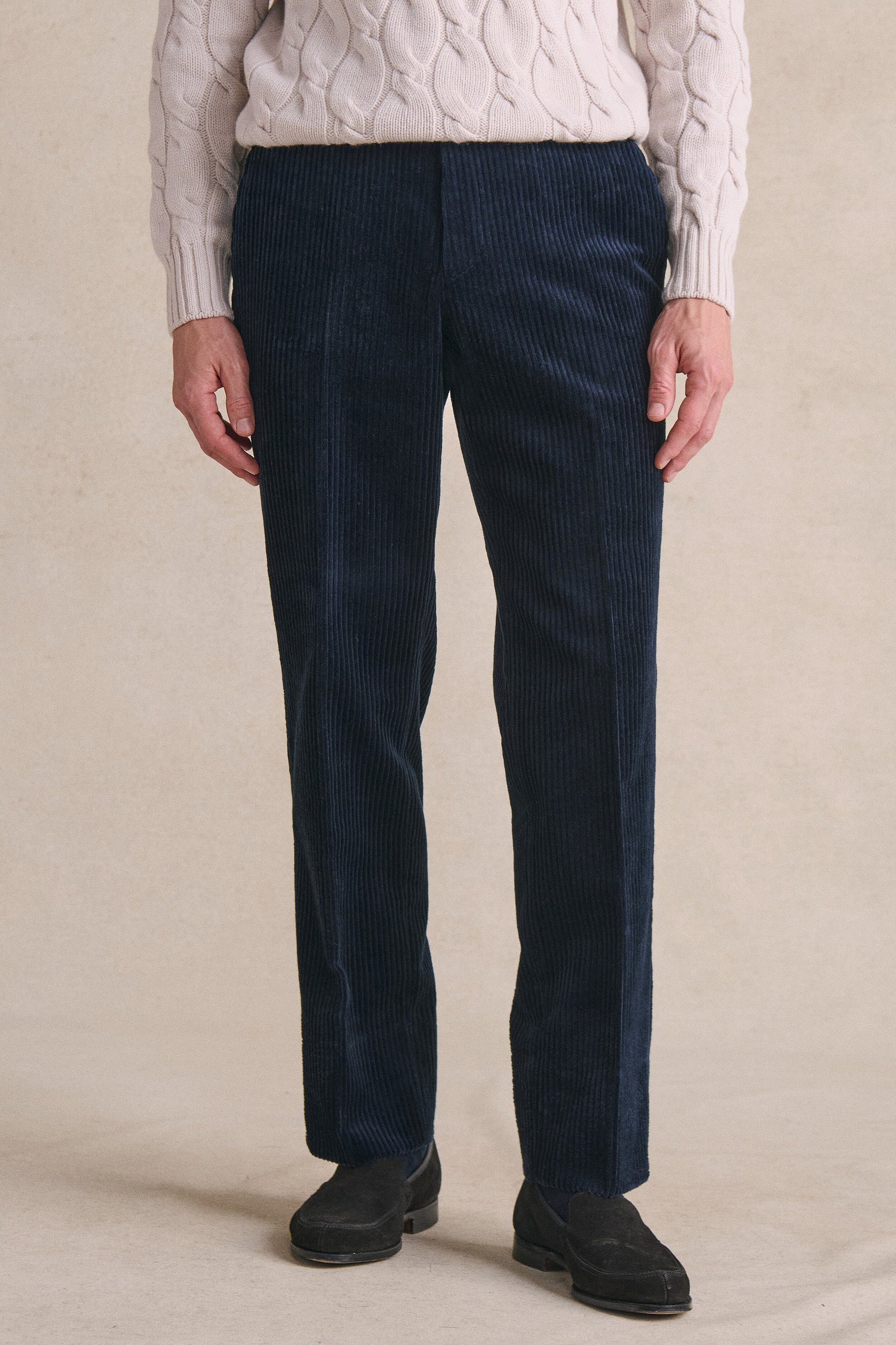 Navy Flat Front 5 Wale Corduroy Trousers