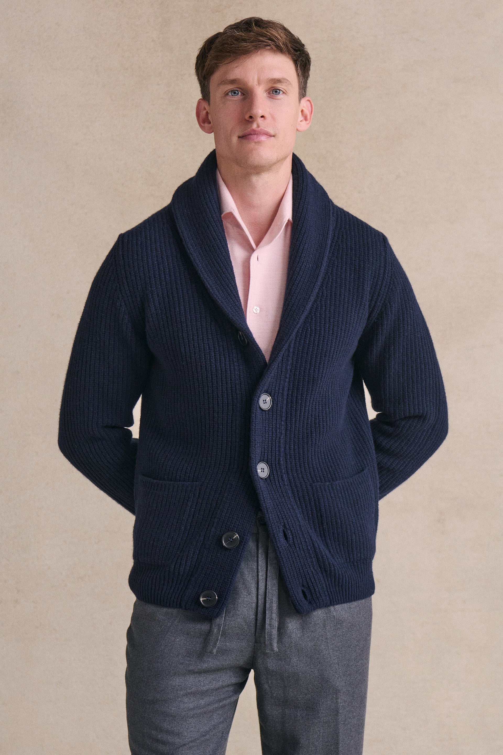 Navy Shawl Collar Lambswool Cardigan