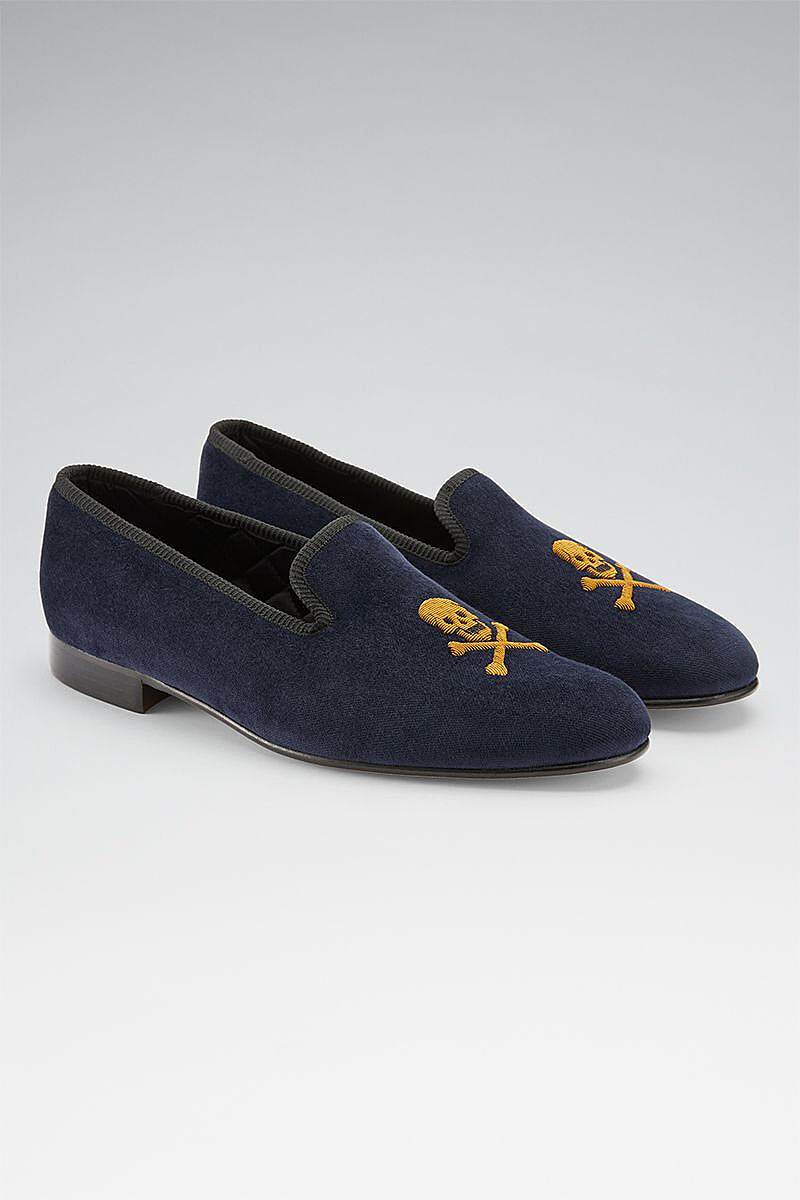 Navy Skull & Crossbones Velvet Slippers