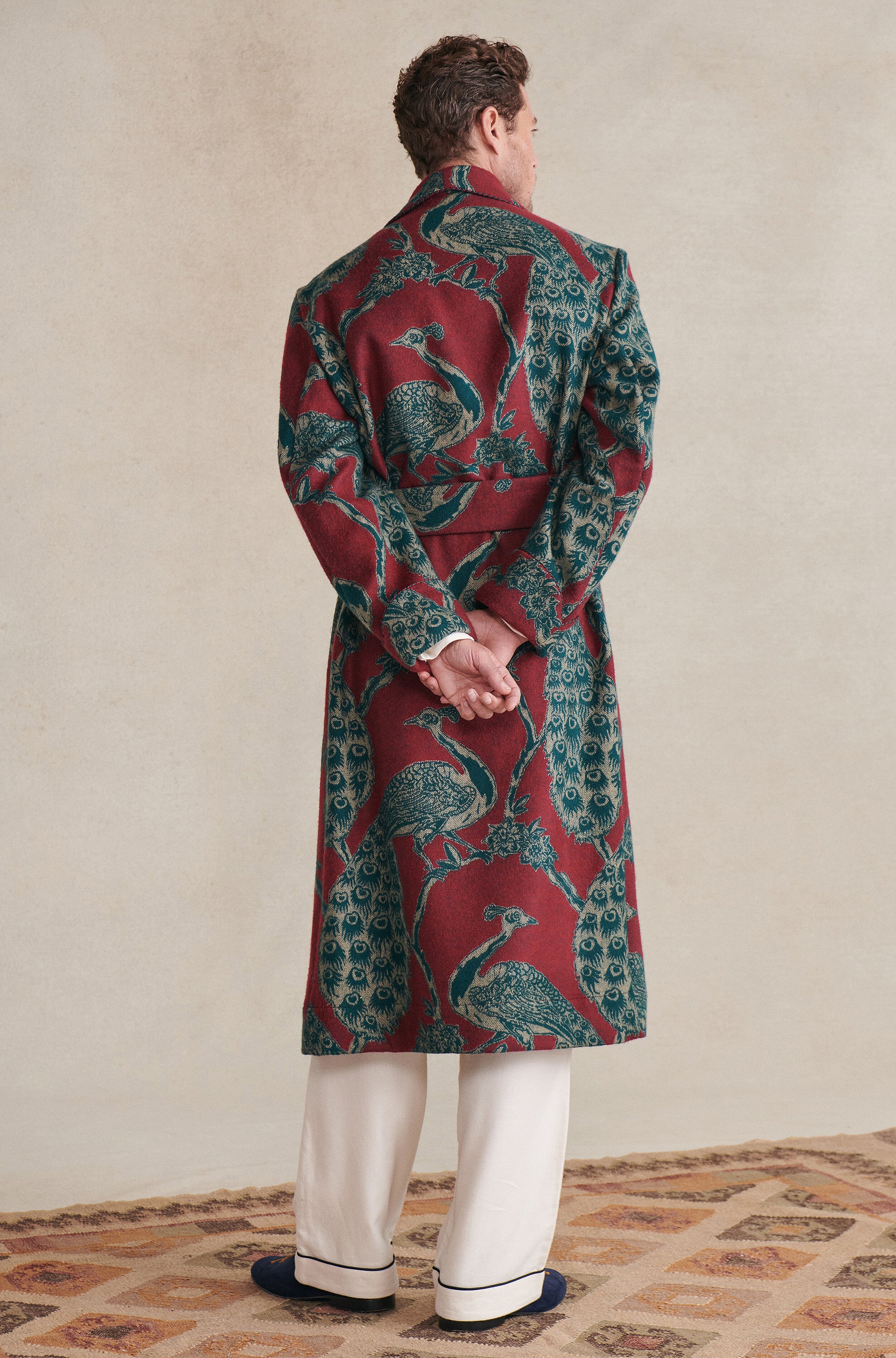 Red & Green Peacock Unlined Cashmere Dressing Gown