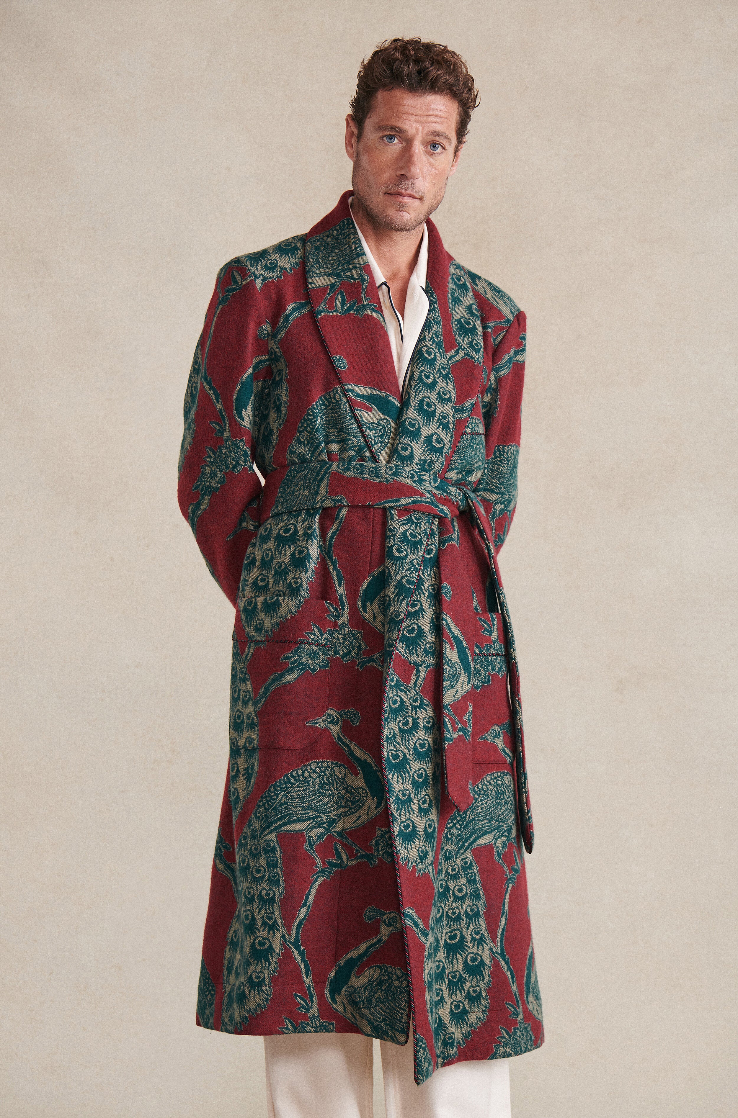 Red & Green Peacock Unlined Cashmere Dressing Gown