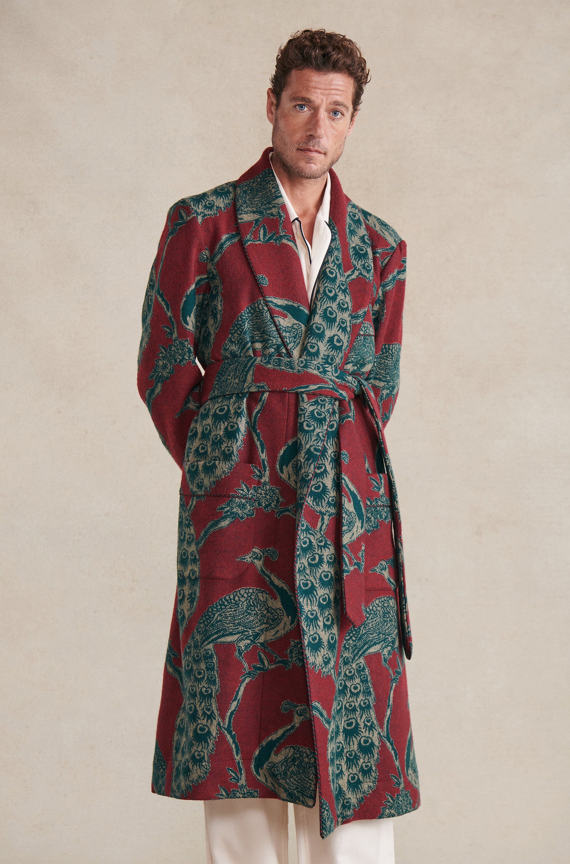 Red & Green Peacock Unlined Cashmere Dressing Gown