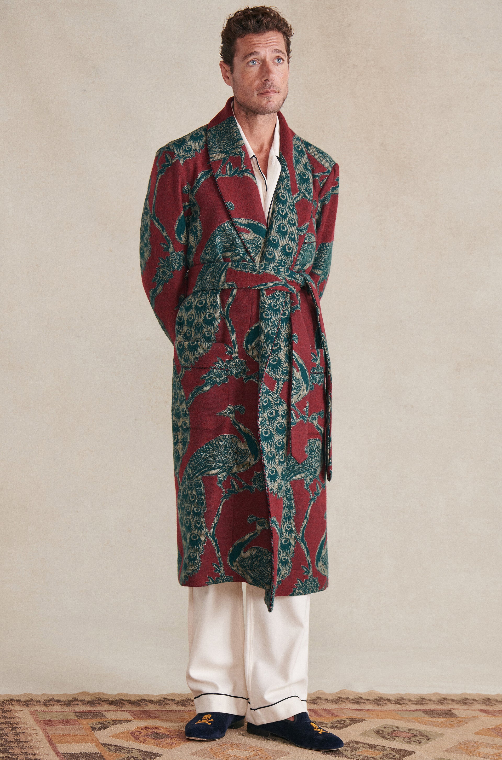 Red & Green Peacock Unlined Cashmere Dressing Gown