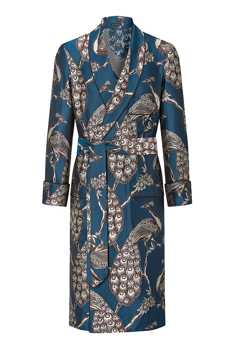 Blue & Brown Peacock Unlined Silk Dressing Gown