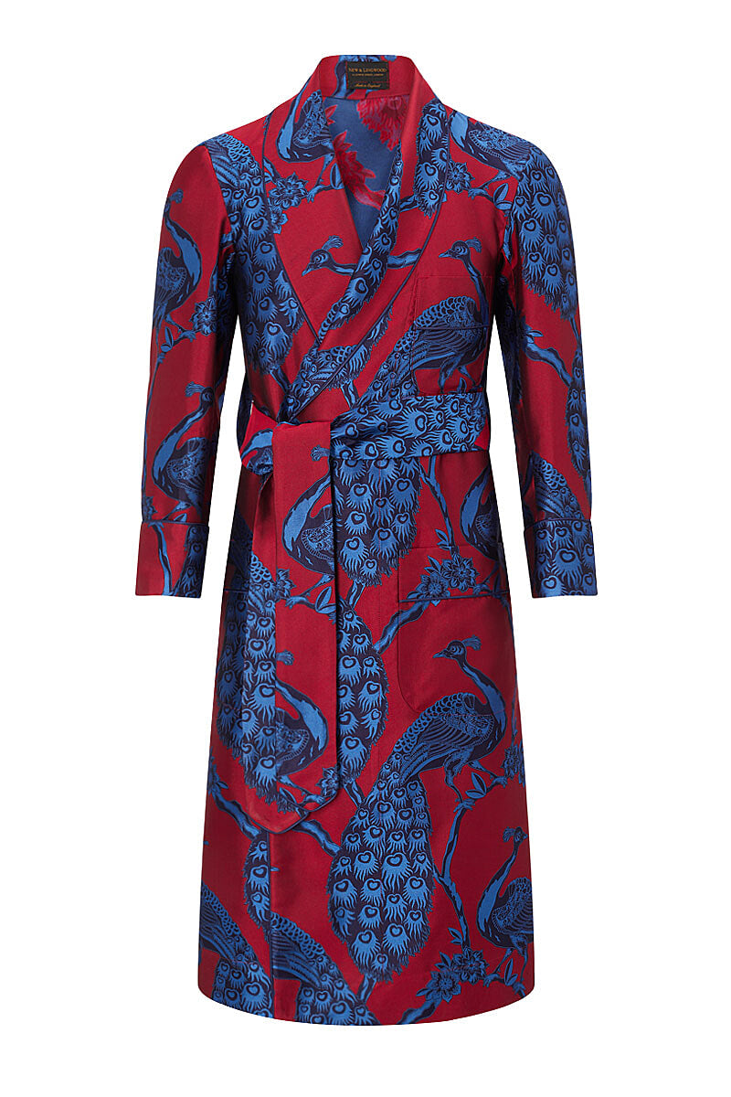 Red & Blue Peacock Unlined Silk Dressing Gown