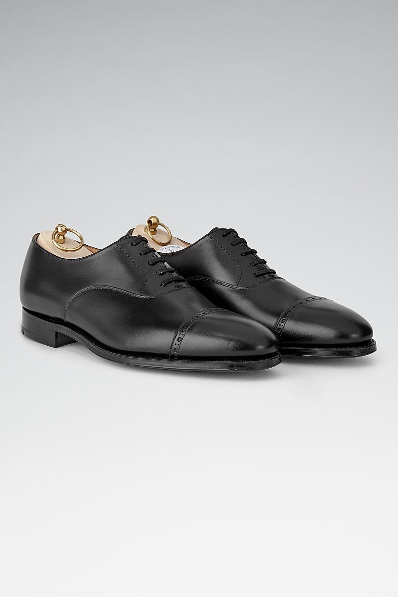 Black Calf Leather Punch Toe Cap Oxford Shoes