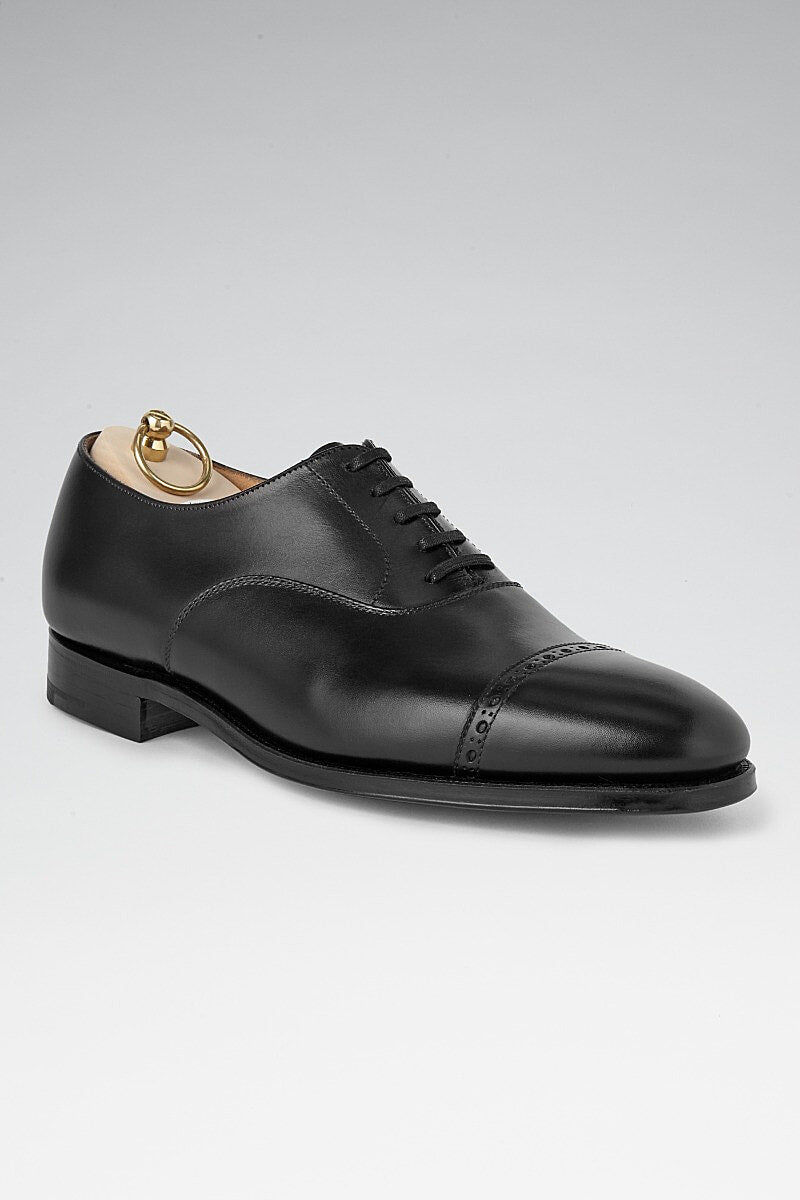 Black Calf Leather Punch Toe Cap Oxford Shoes