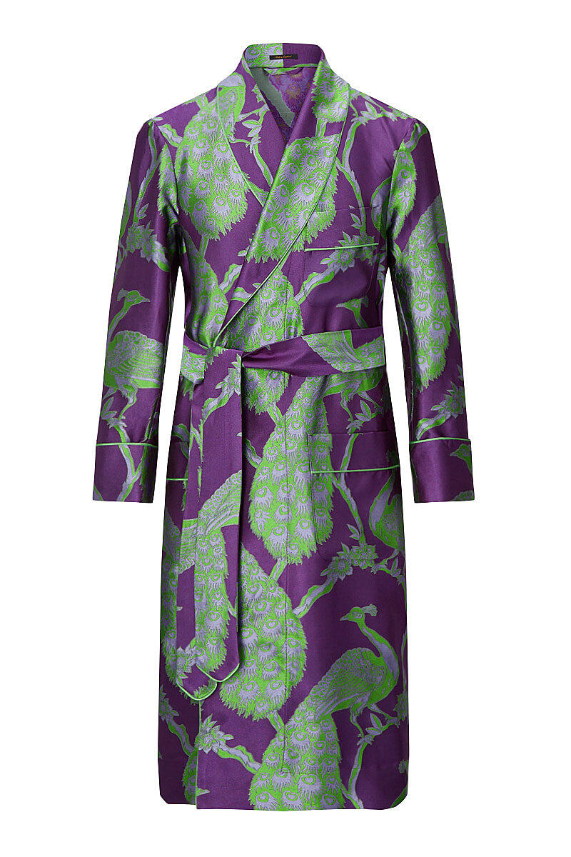 Purple Peacock Unlined Silk Dressing Gown | New & Lingwood Men's Clothing | Men's Luxury Silk Dressing Gowns