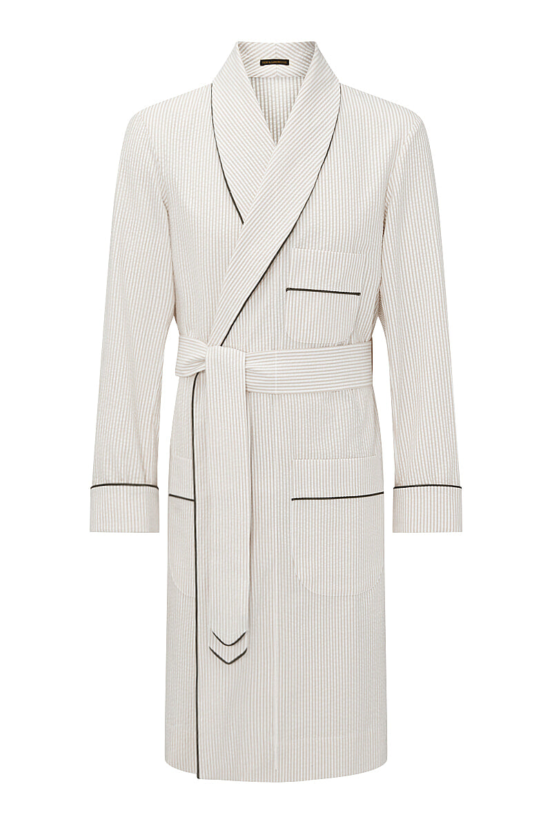 Cream & Tan Stripe Unlined Seersucker Dressing Gown