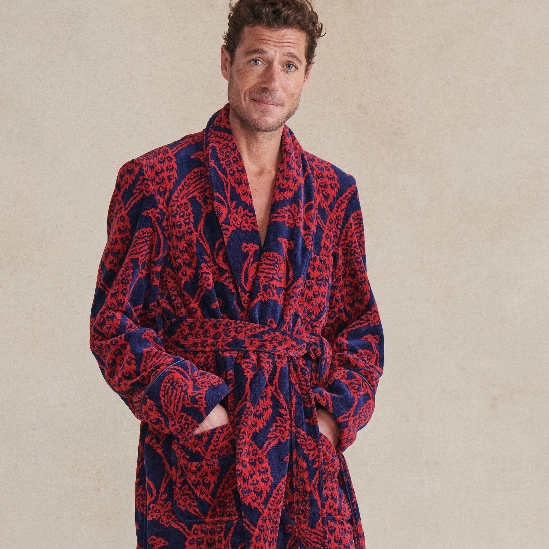 Navy & Red Peacock Towelling Bathrobe
