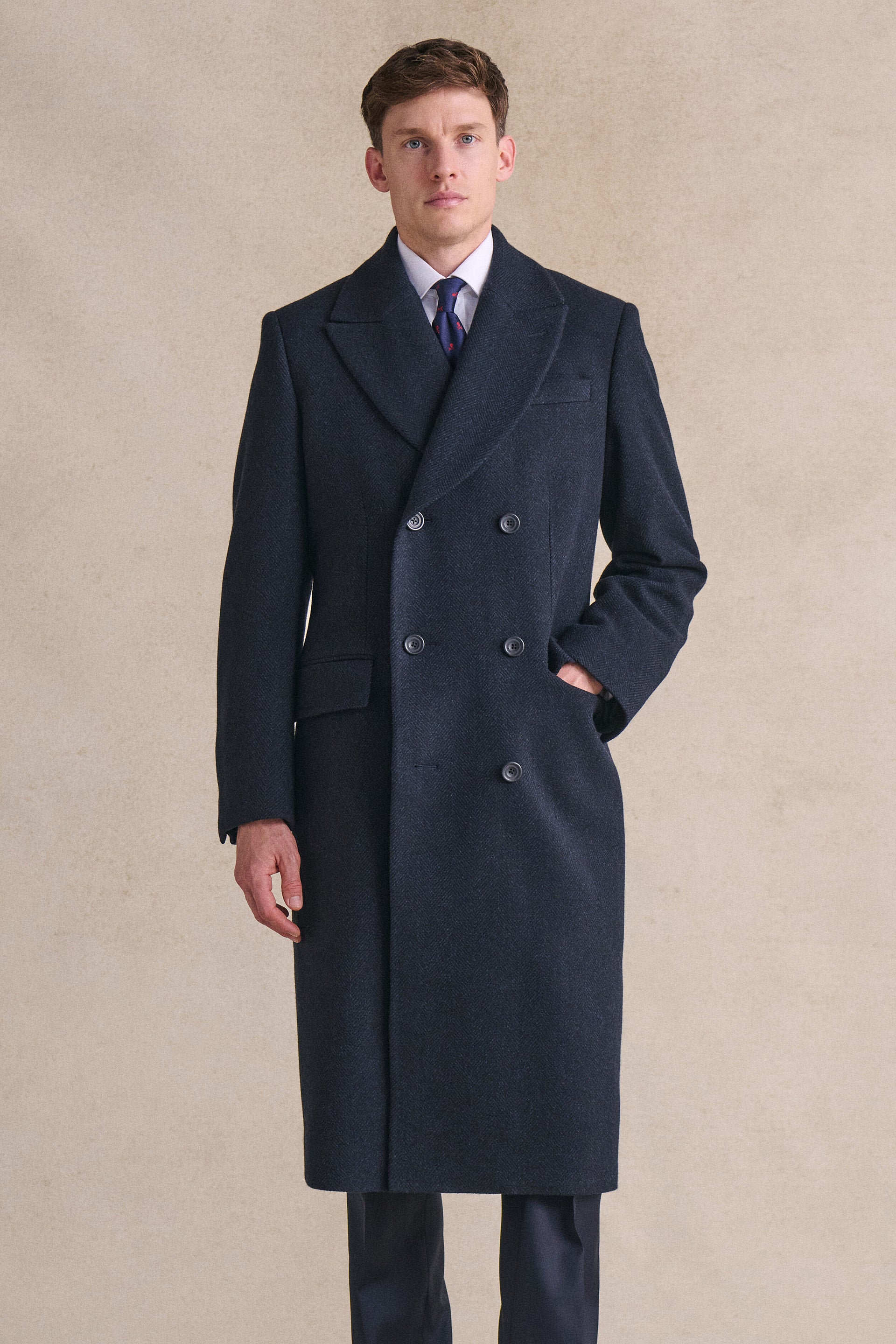 Navy Herringbone Double Breasted Wool Coat