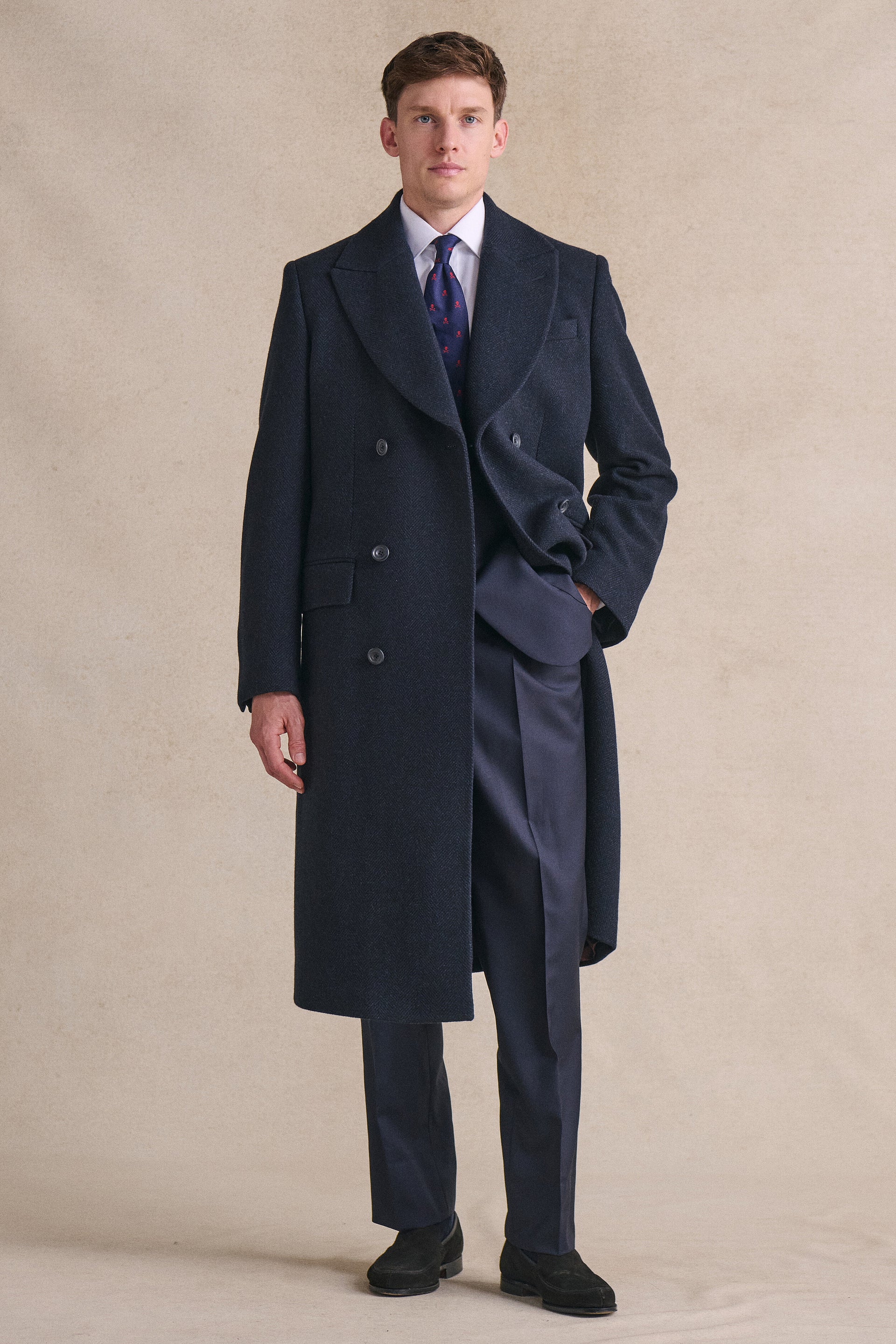 Navy Herringbone Double Breasted Wool Coat